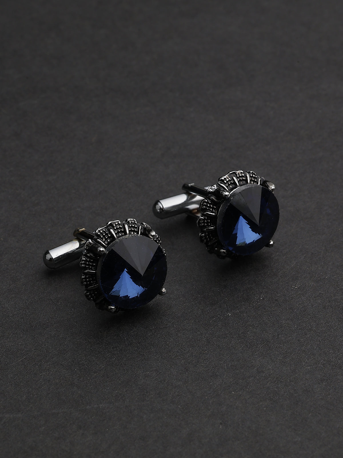 Antique Silver Sapphire Blue Crown-Set Round Cufflinks