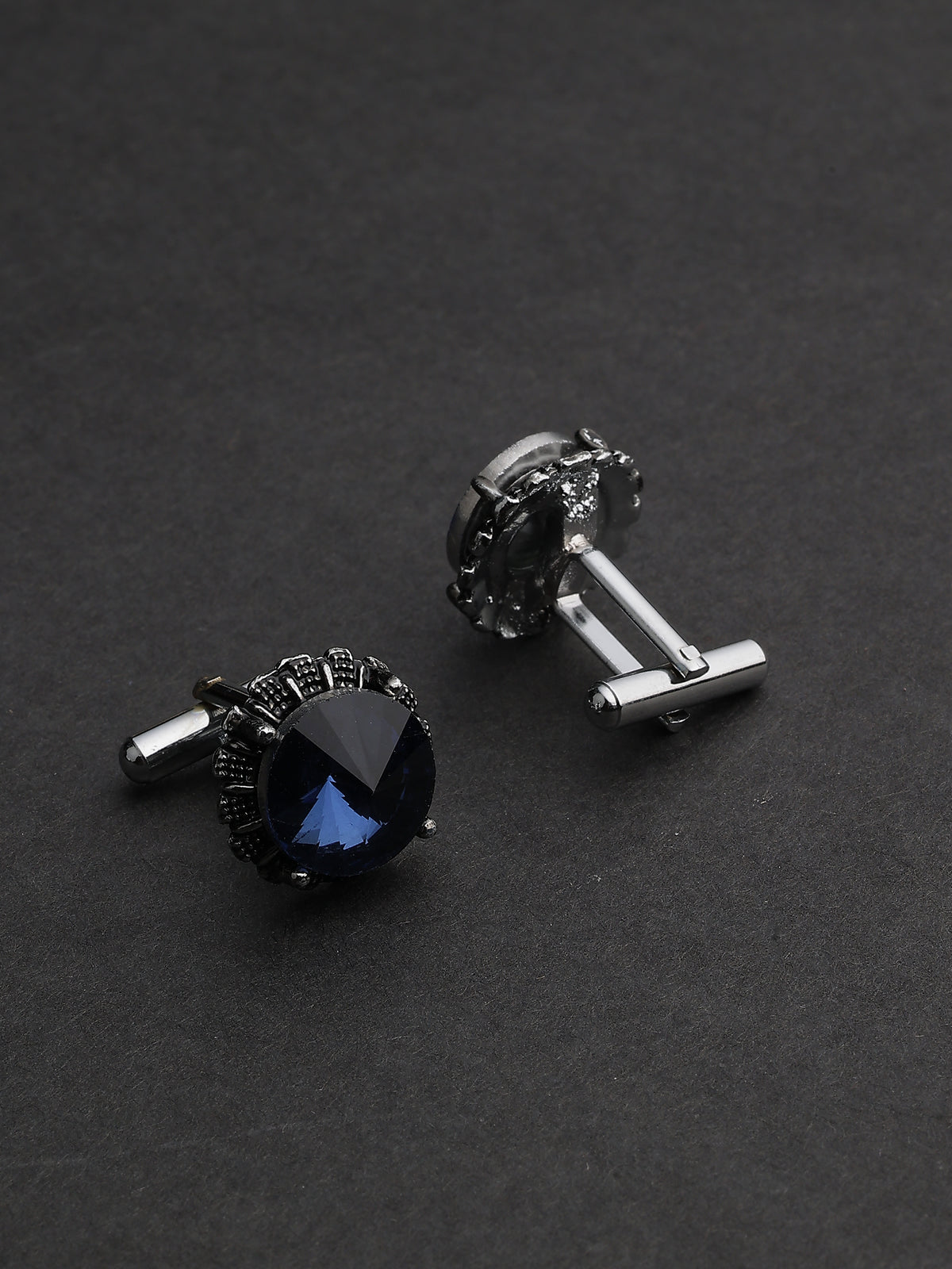 Antique Silver Sapphire Blue Crown-Set Round Cufflinks
