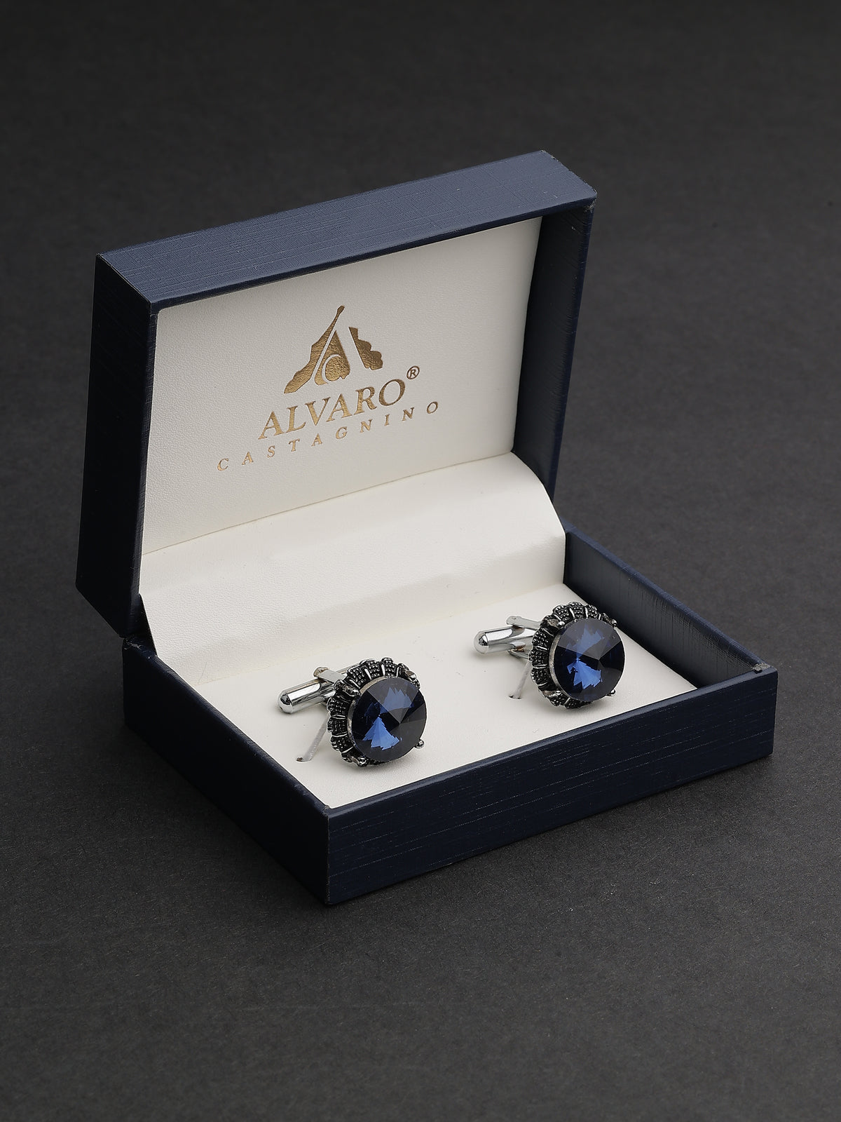 Antique Silver Sapphire Blue Crown-Set Round Cufflinks