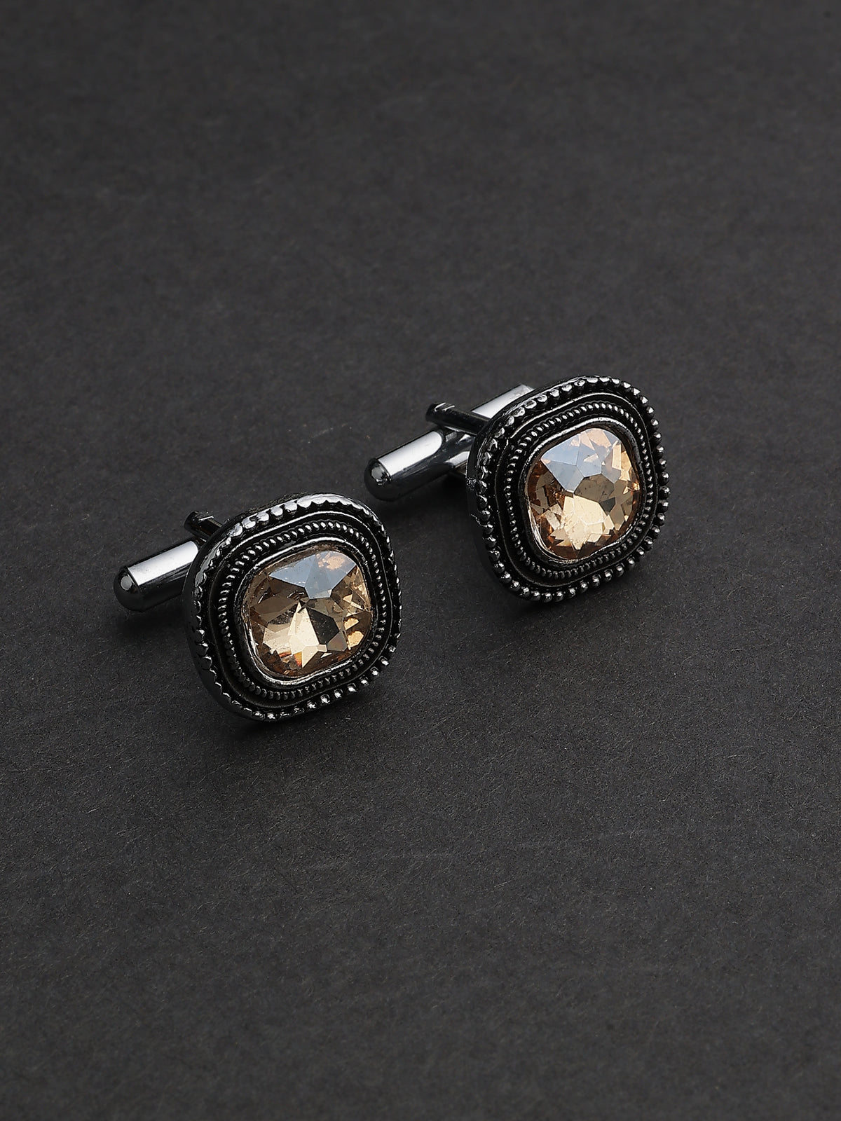 Antique Silver & Smoky Topaz Beaded Cushion Cufflinks