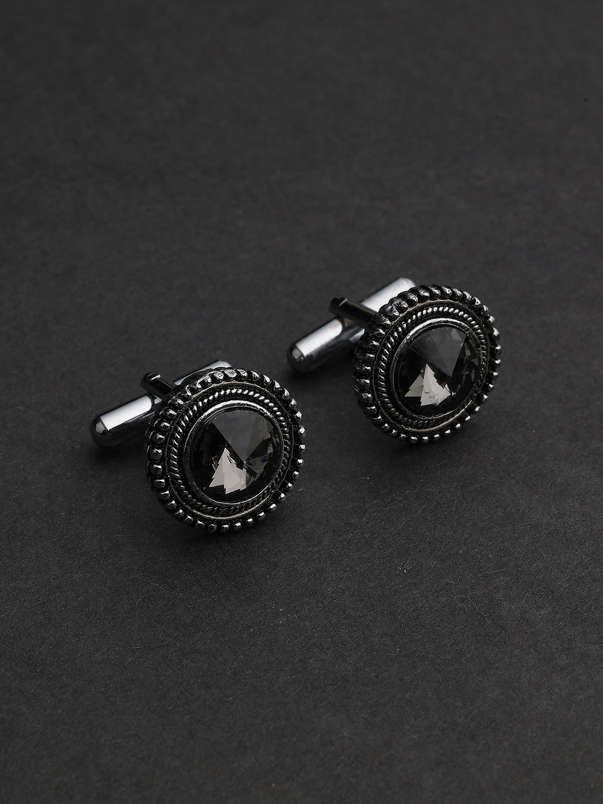 Antique Silver & Charcoal Crystal Beaded Round Cufflinks