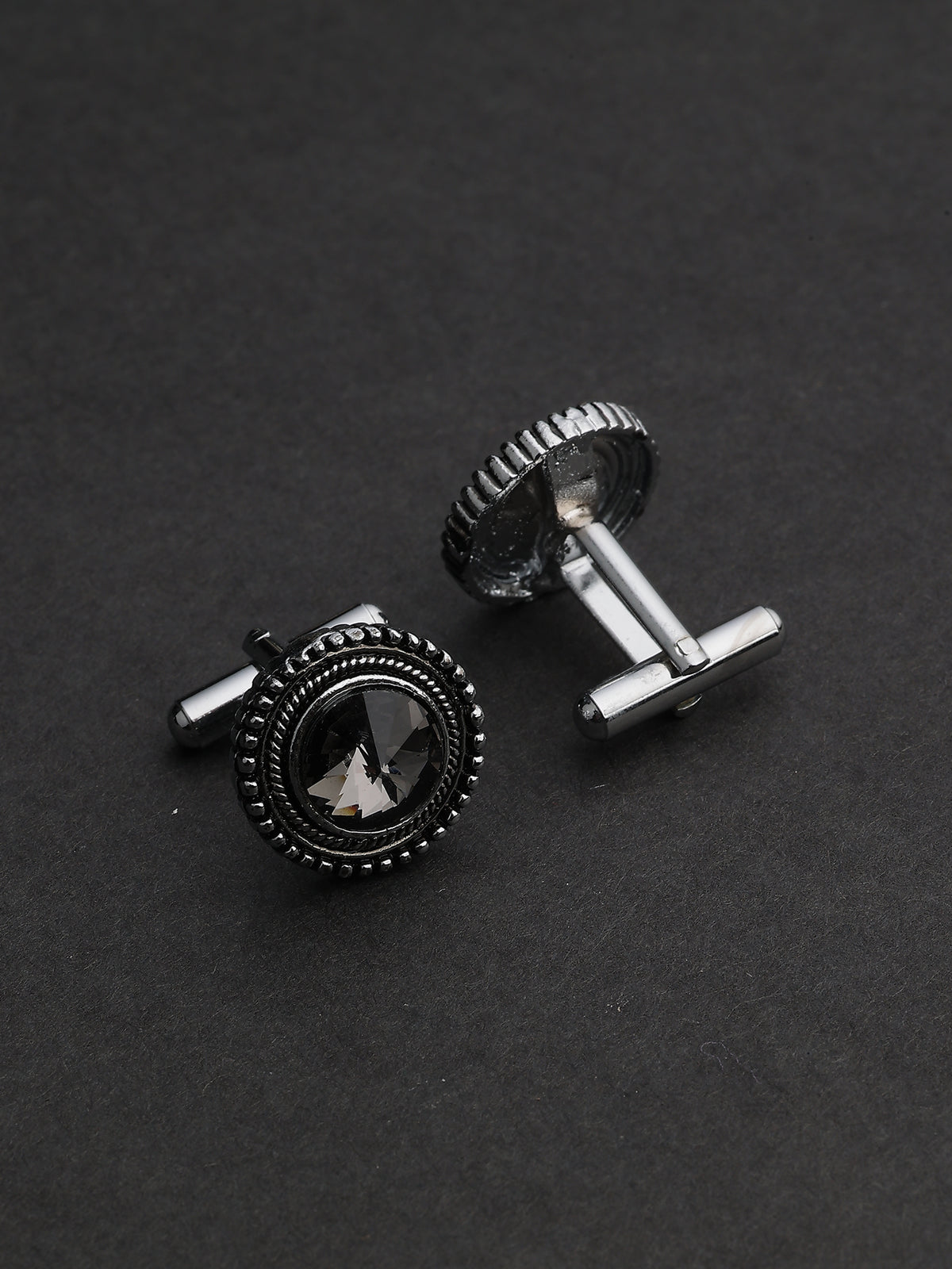 Antique Silver & Charcoal Crystal Beaded Round Cufflinks