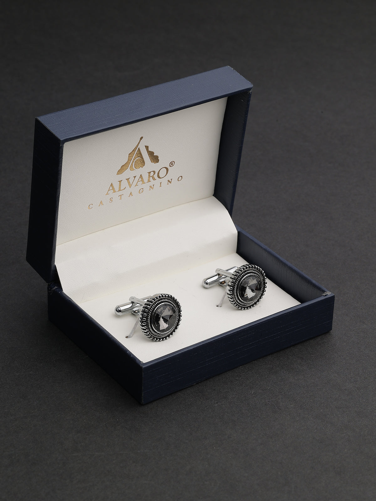 Antique Silver & Charcoal Crystal Beaded Round Cufflinks
