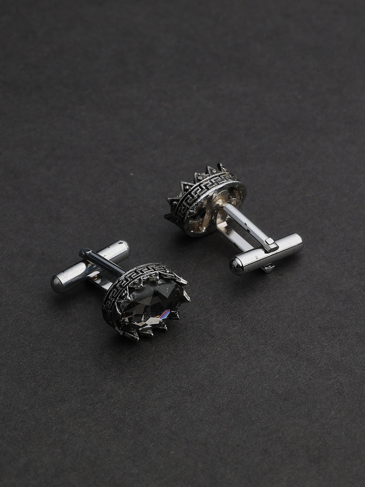 Antique Silver Charcoal Crystal Greek Key Crown Cufflinks