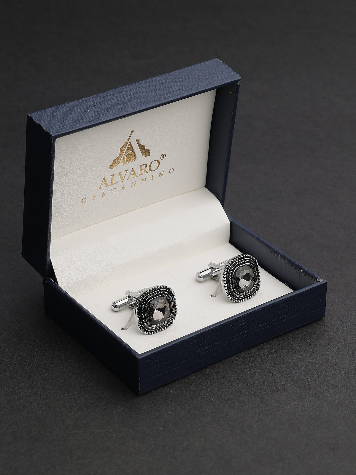 Antique Silver & Charcoal Crystal Beaded Cushion Cufflinks