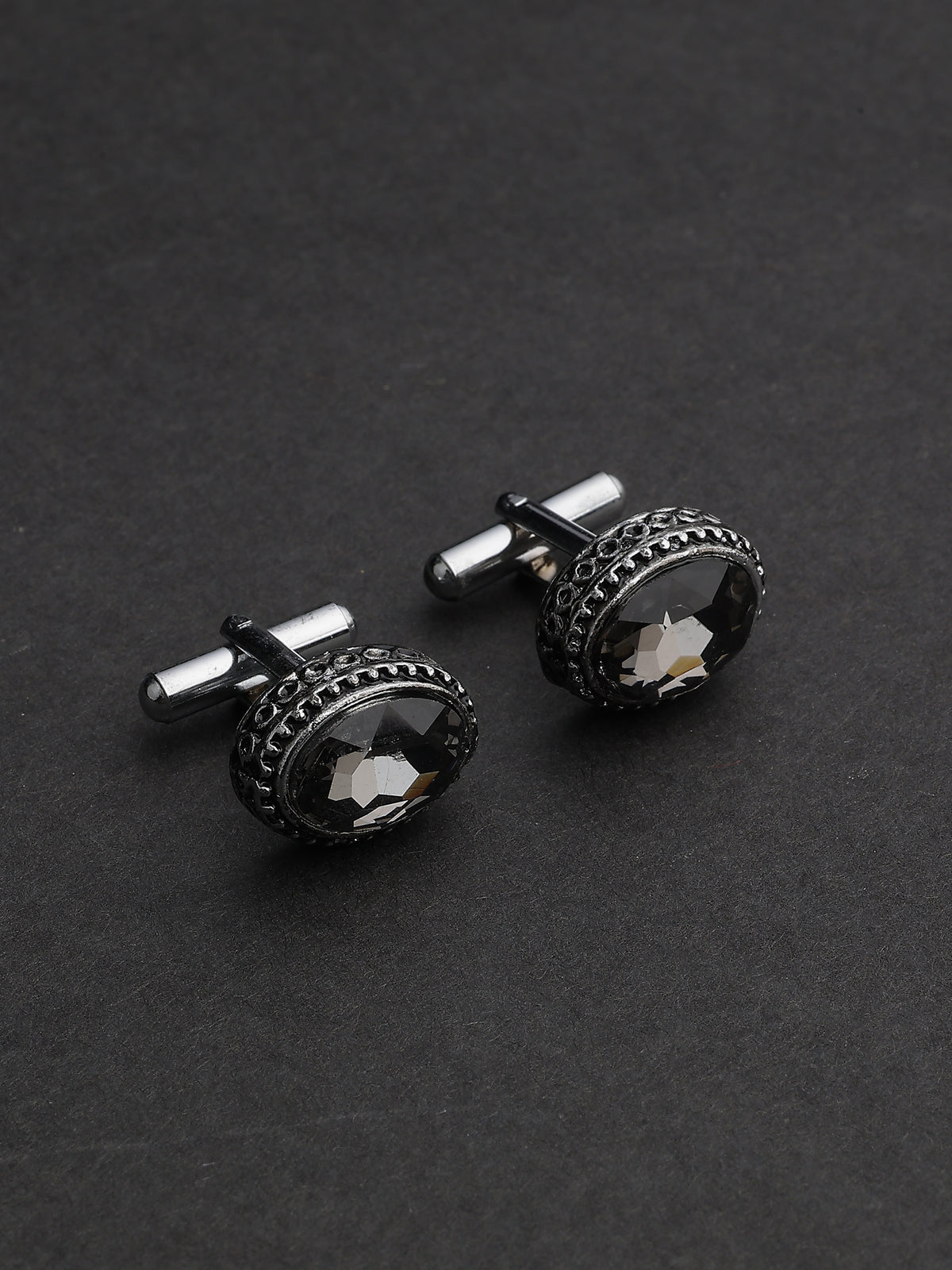 Antique Silver Charcoal Crystal Oval Cufflinks
