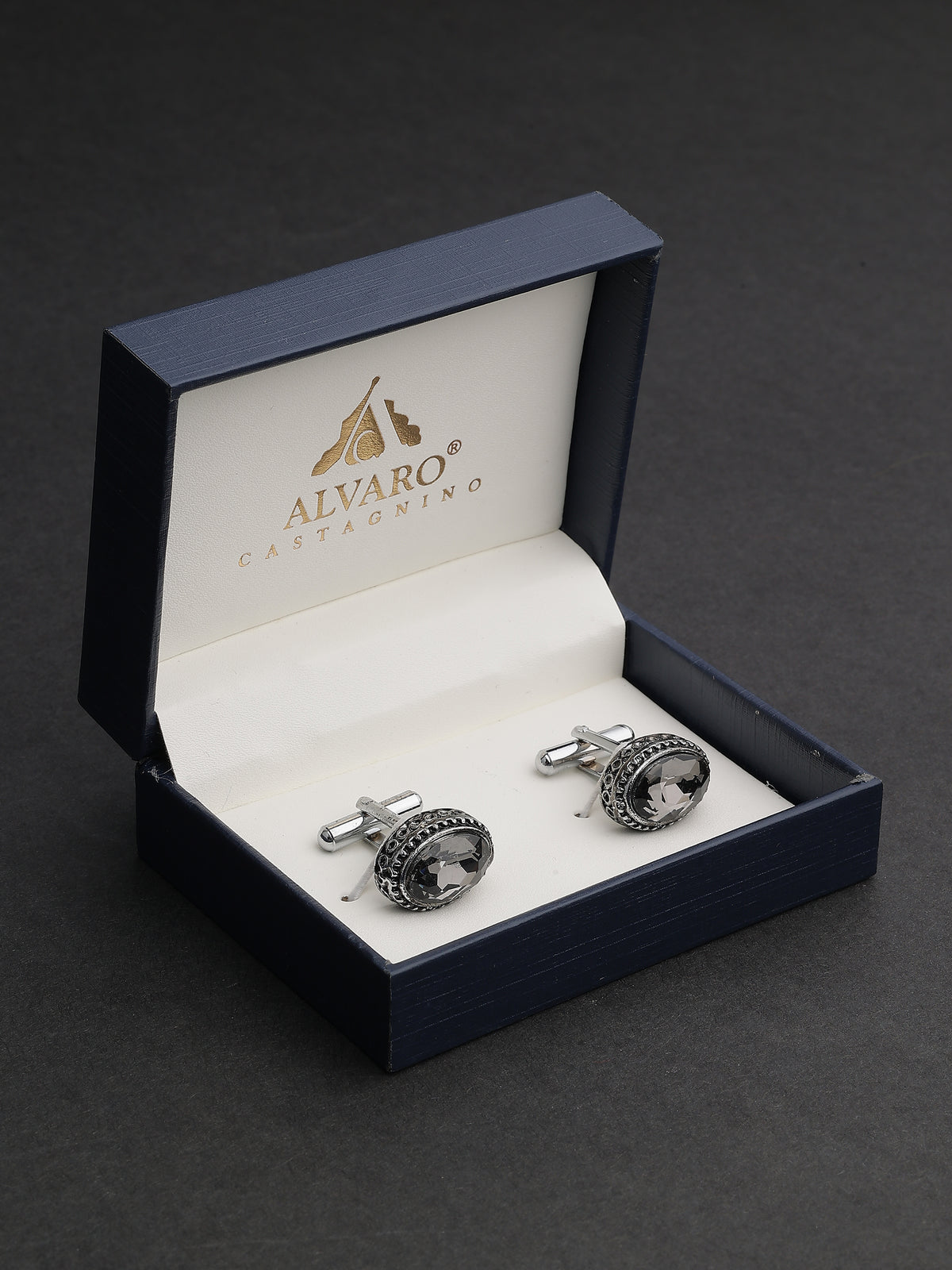 Antique Silver Charcoal Crystal Oval Cufflinks
