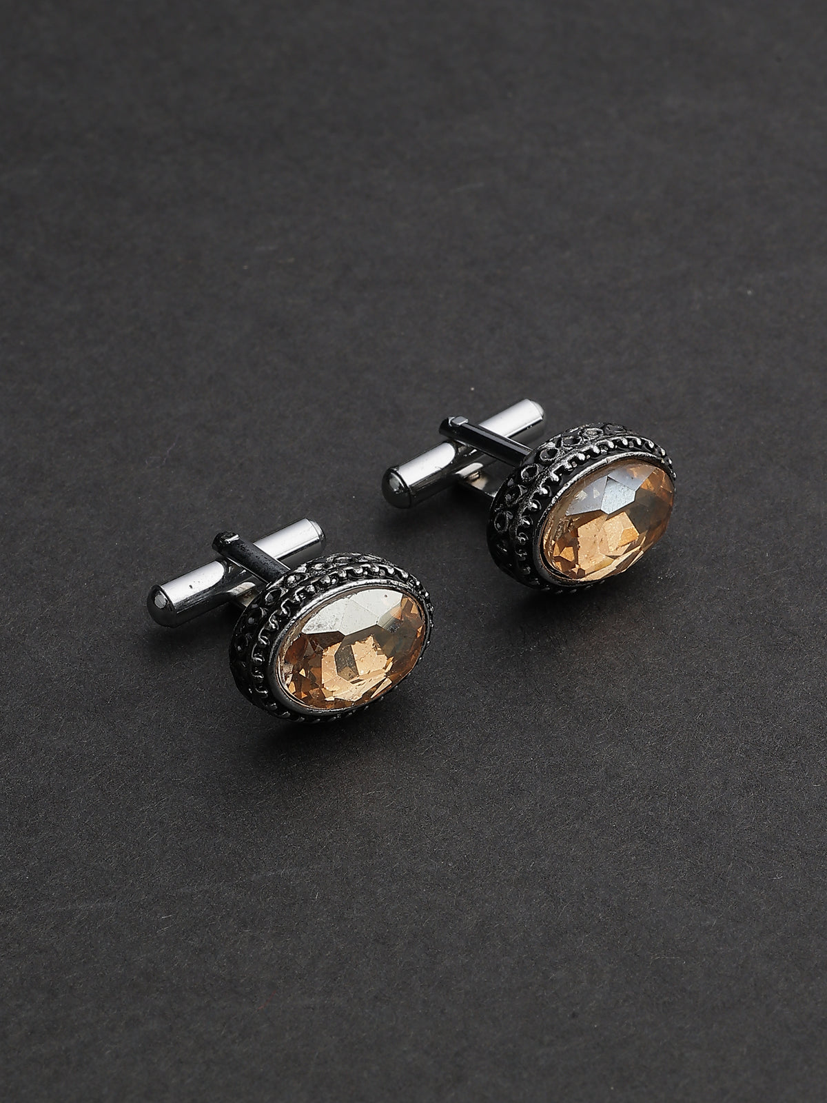 Antique Silver & Smoky Topaz Beaded Oval Cufflinks