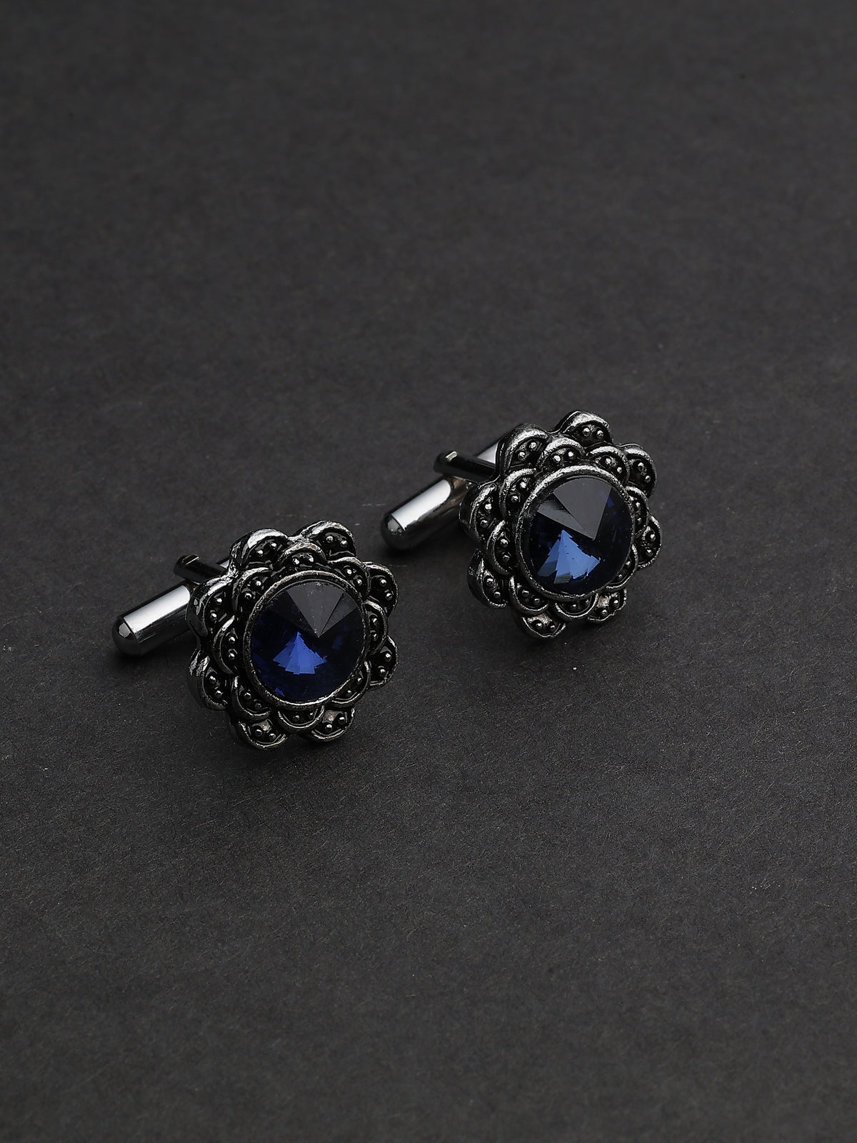 Antique Silver Floral Sapphire Blue Cufflinks