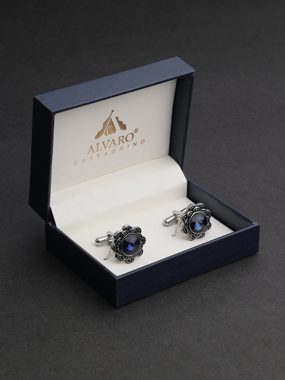 Antique Silver Floral Sapphire Blue Cufflinks