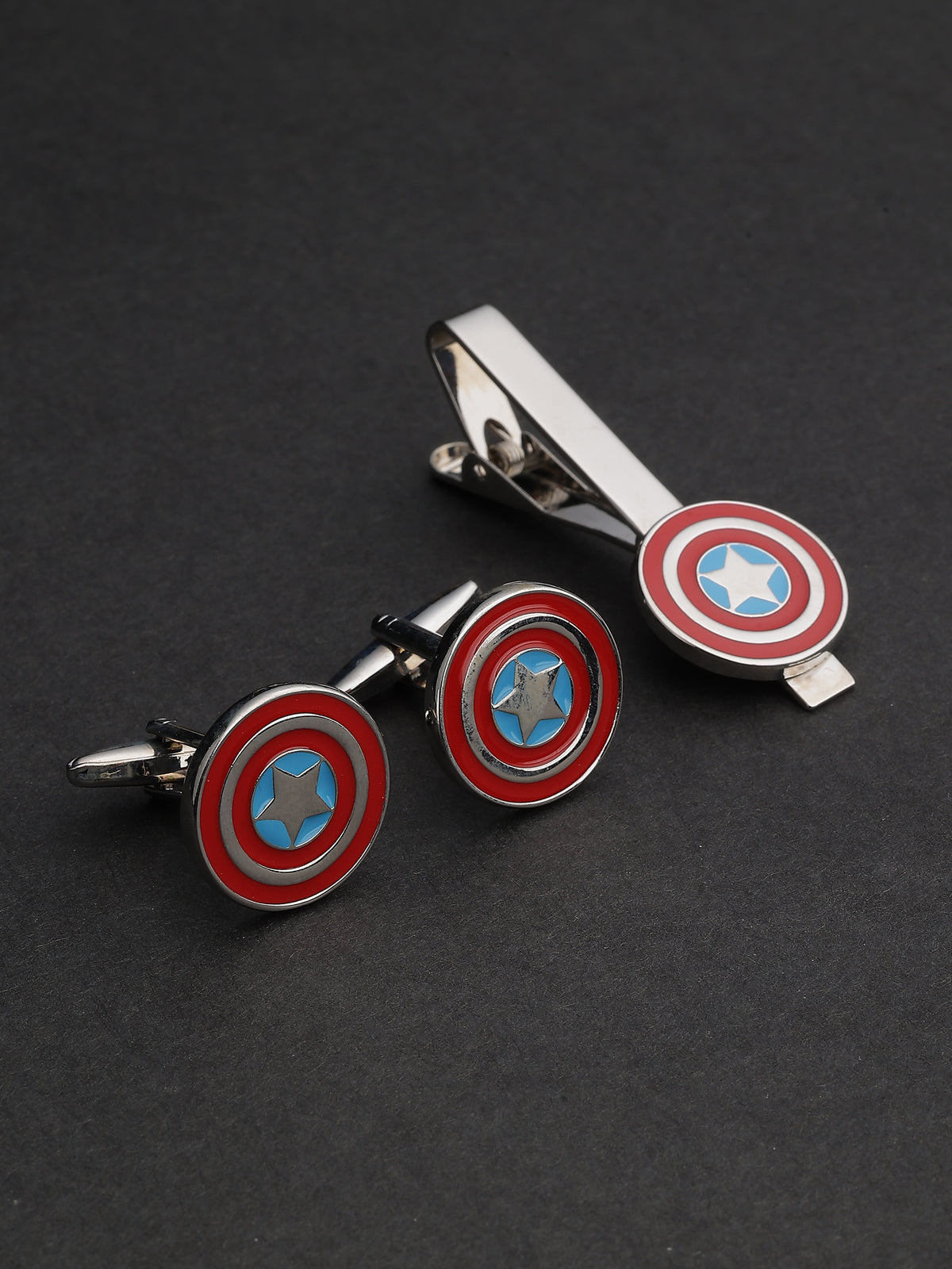 Silver Enamel Captain America Shield Cufflinks & Tie Clip Set