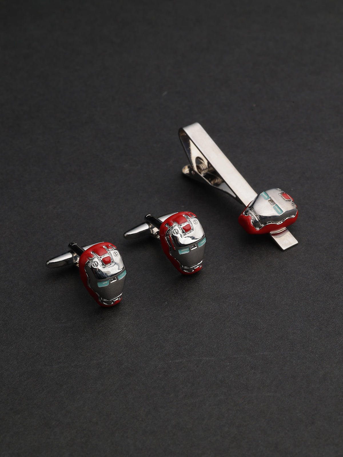 Silver & Red Enamel Iron Man Mask Cufflinks & Tie Clip Set