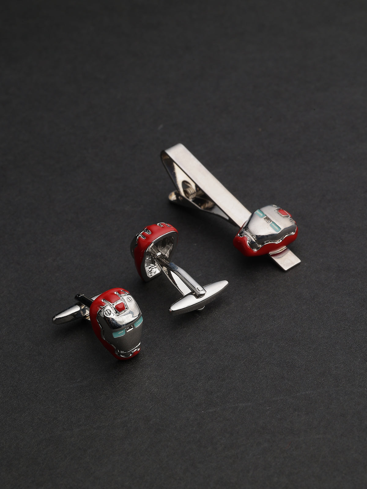 Silver & Red Enamel Iron Man Mask Cufflinks & Tie Clip Set