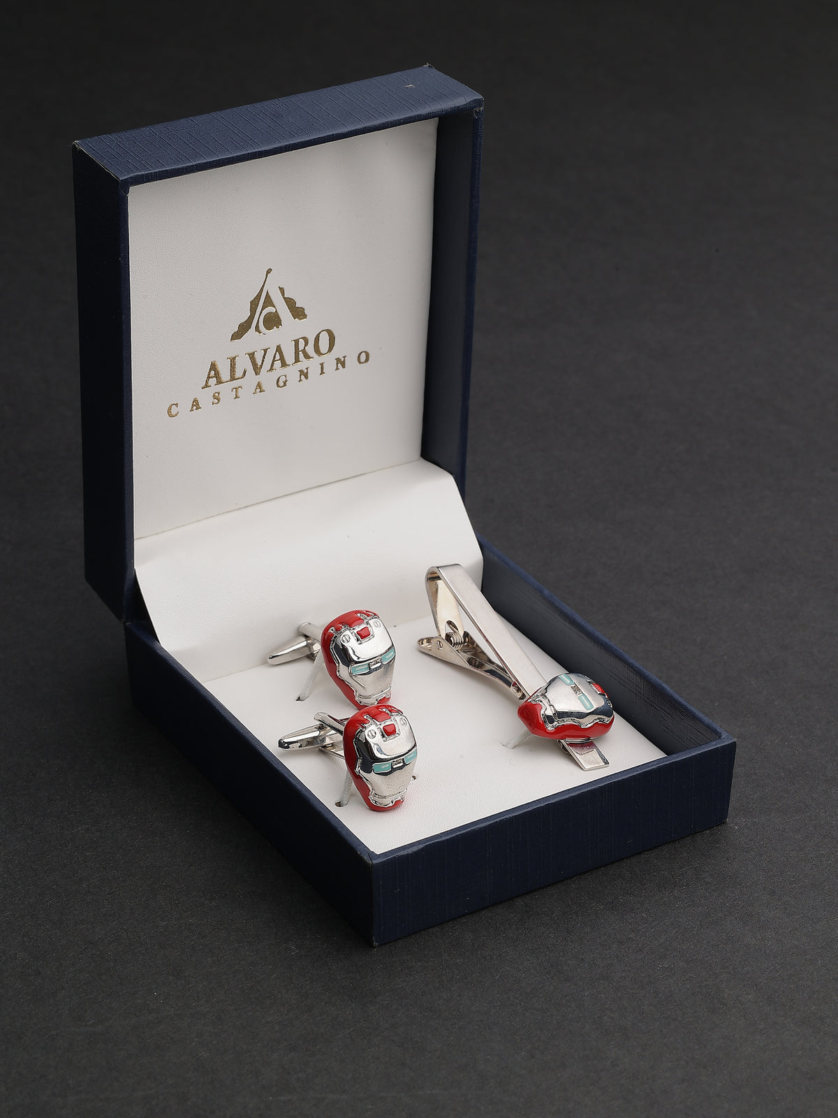 Silver & Red Enamel Iron Man Mask Cufflinks & Tie Clip Set
