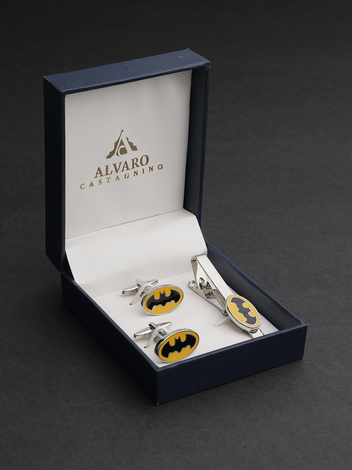 Silver & Yellow Enamel Batman Logo Cufflinks & Tie Clip Set