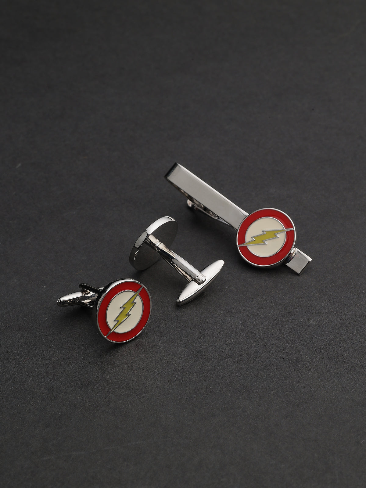 Silver & Red Enamel The Flash Lightning Cufflinks & Tie Clip Set
