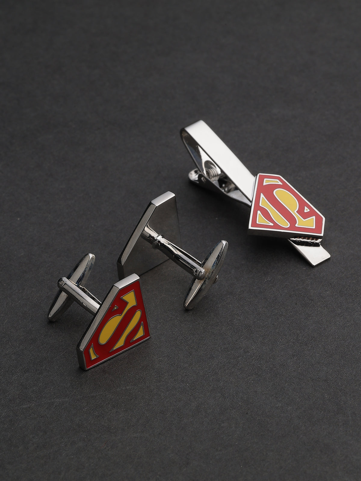 Silver & Red Enamel Superman Logo Cufflinks & Tie Clip Set