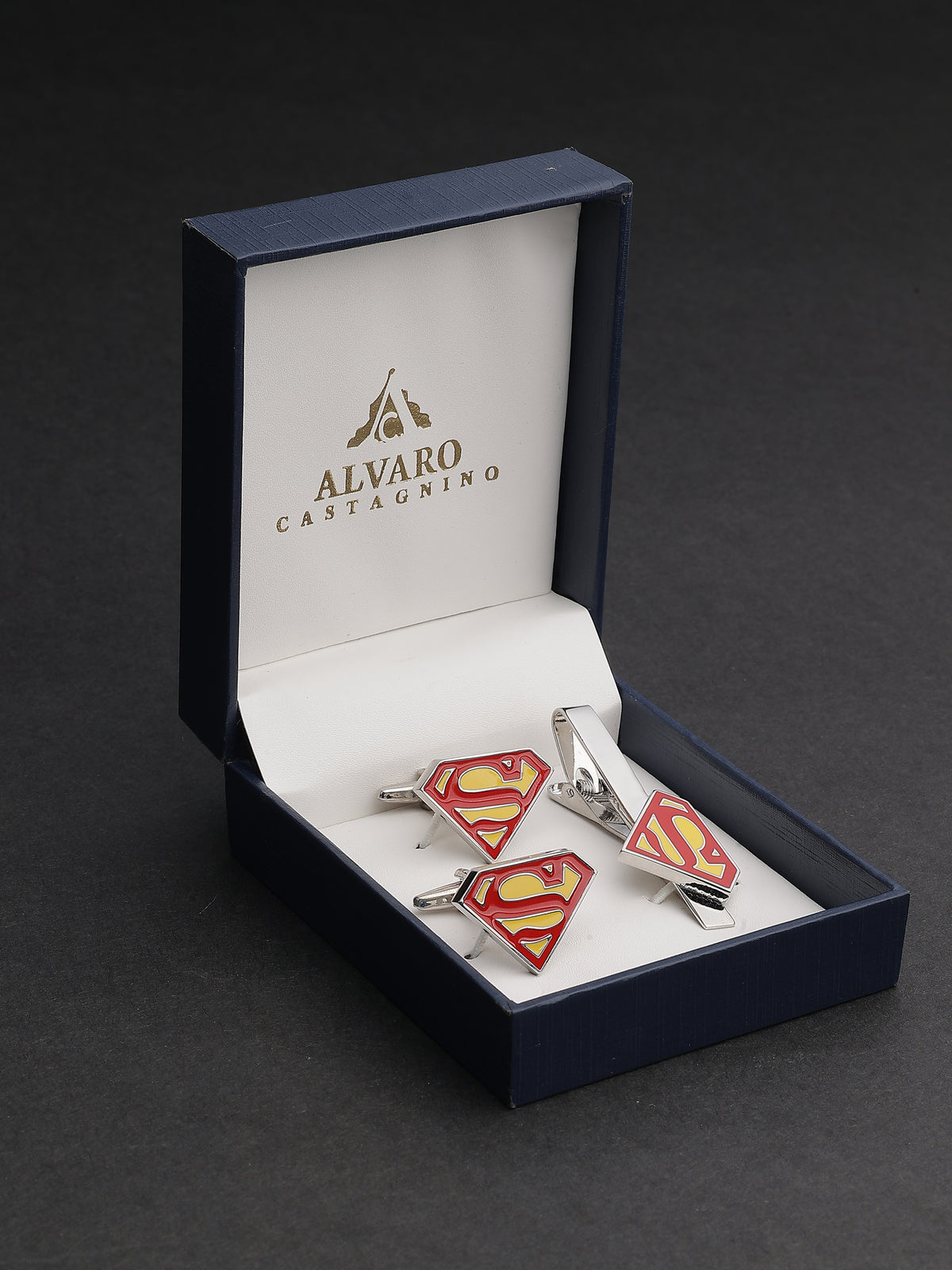Silver & Red Enamel Superman Logo Cufflinks & Tie Clip Set