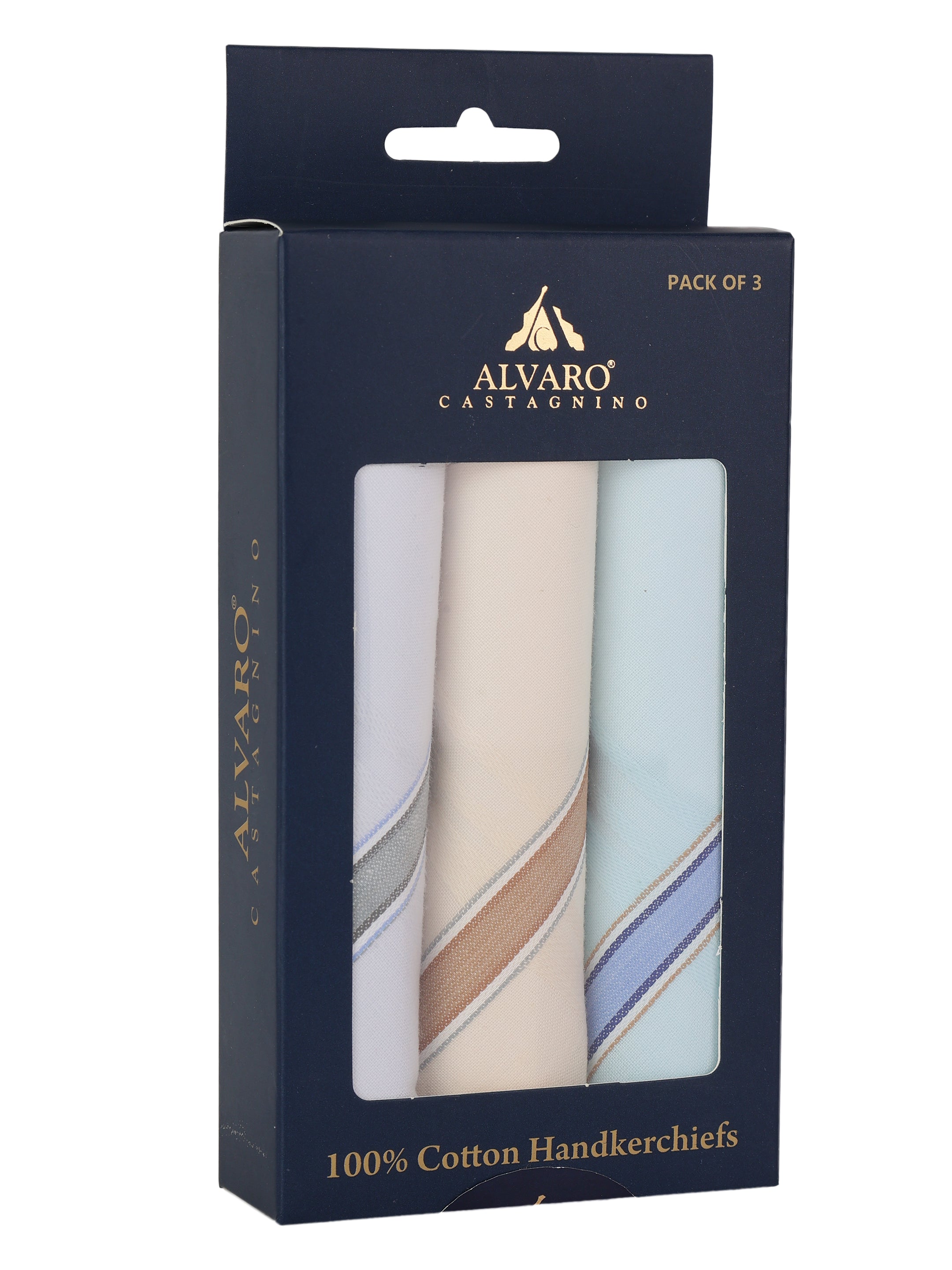 Alvaro Castagnino Men Pack Of 3 Assorted Striped Pure Cotton Handkerchief