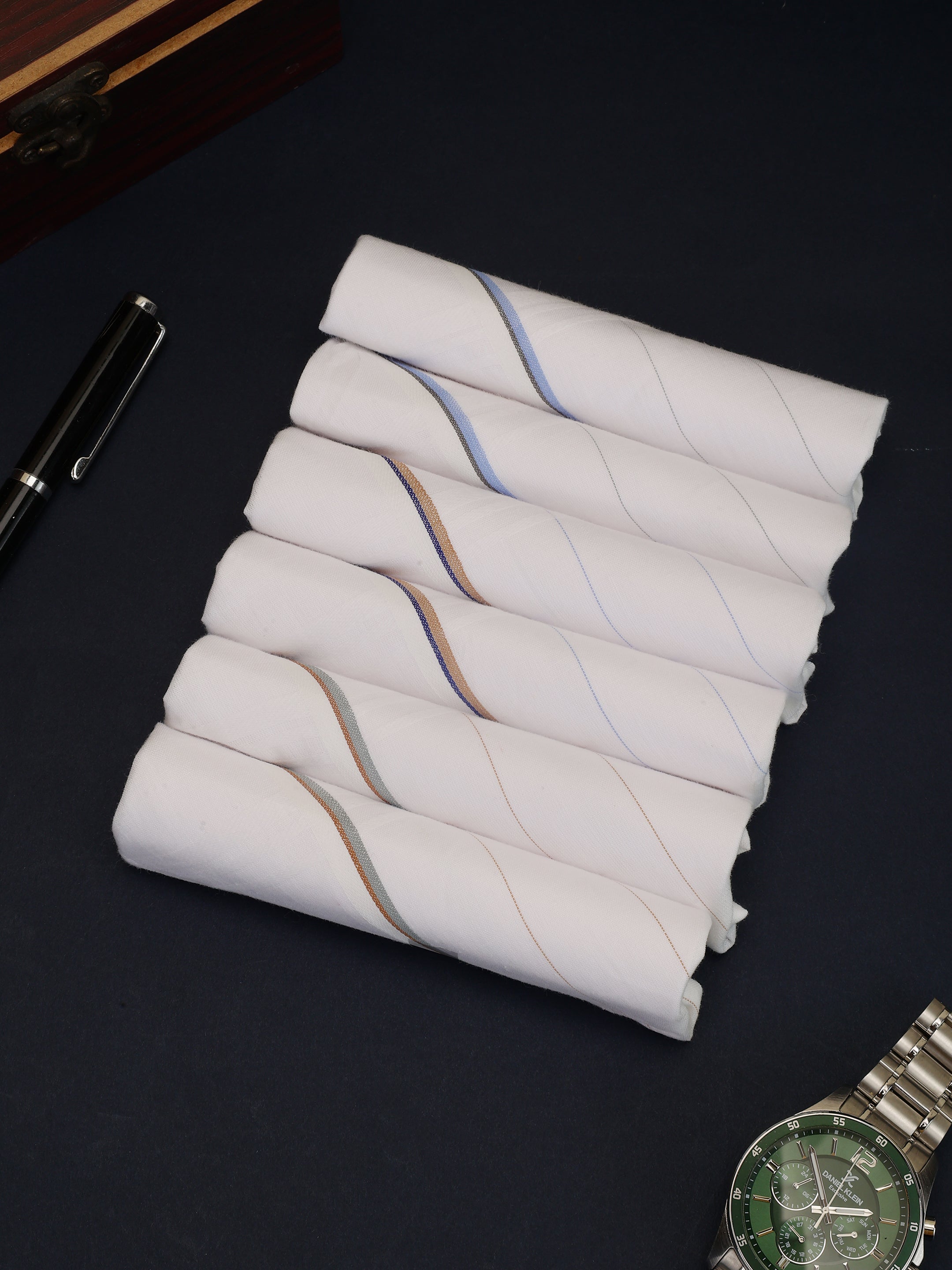 Striped Border White Cotton Handkerchiefs