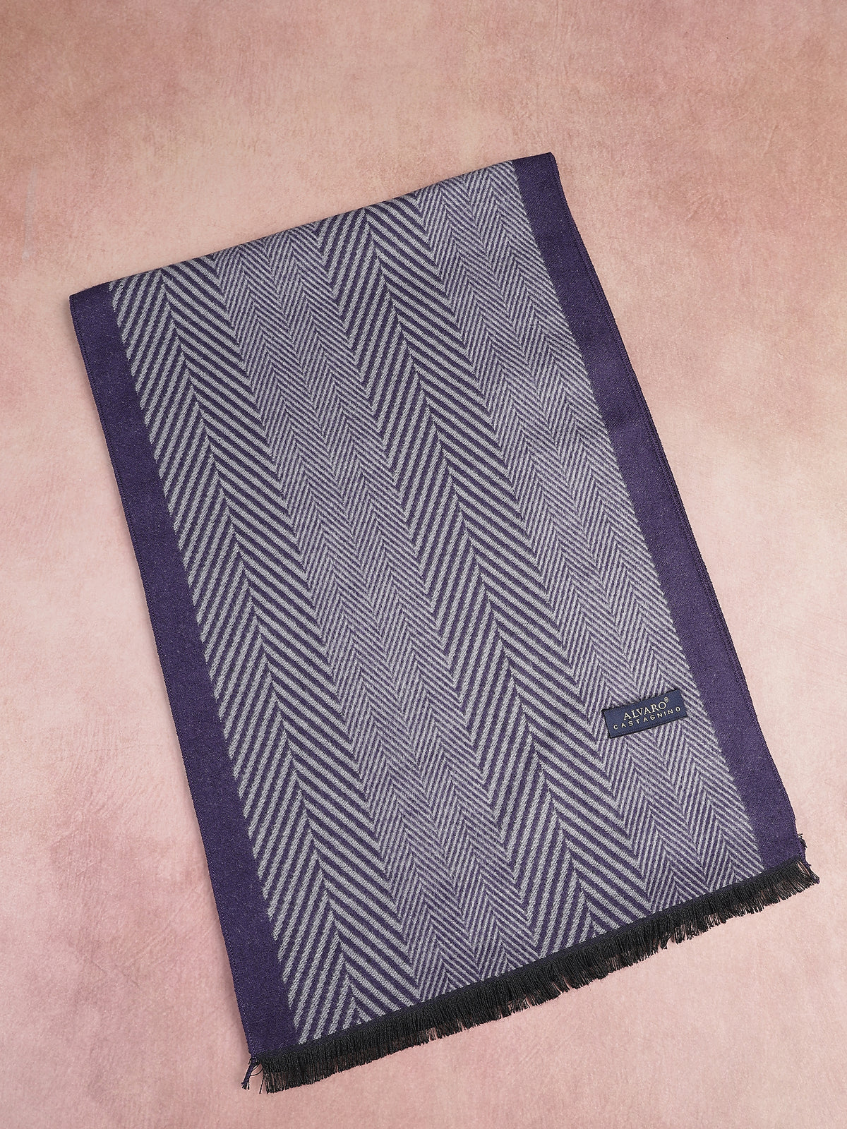 Navy Blue & Slate Herringbone Border Winter Muffler