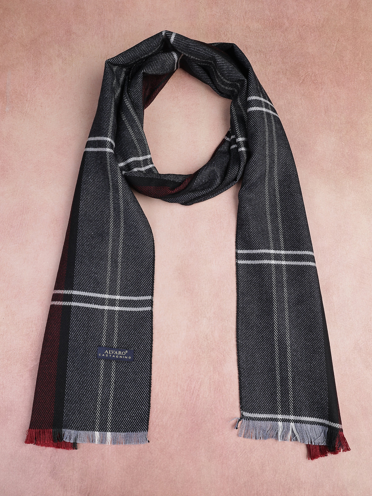 Charcoal Gray & Burgundy Windowpane Plaid Winter Muffler
