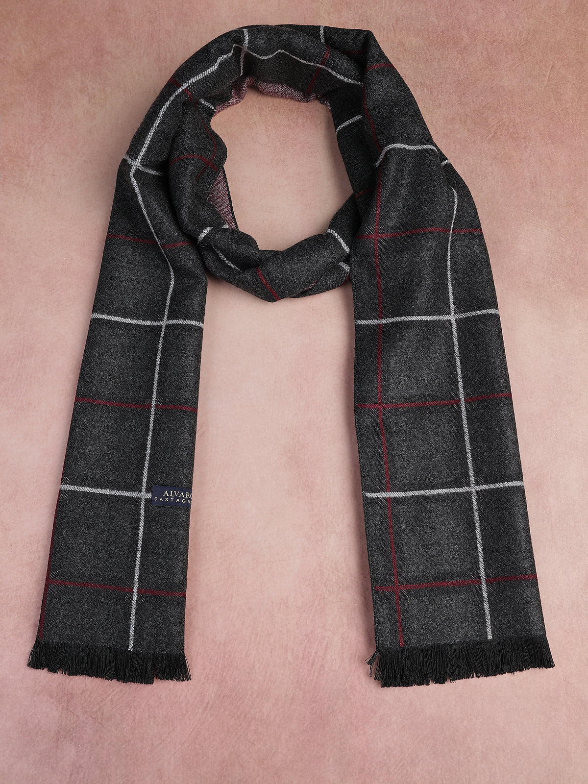 Charcoal Gray & Red Double Windowpane Plaid Winter Muffler