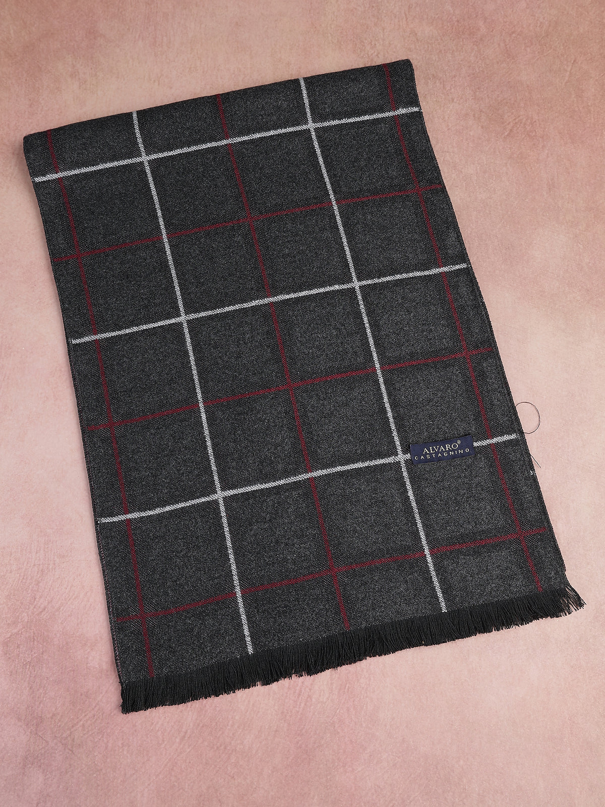 Charcoal Gray & Red Double Windowpane Plaid Winter Muffler