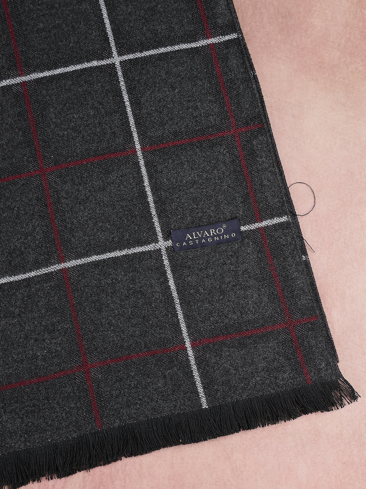 Charcoal Gray & Red Double Windowpane Plaid Winter Muffler