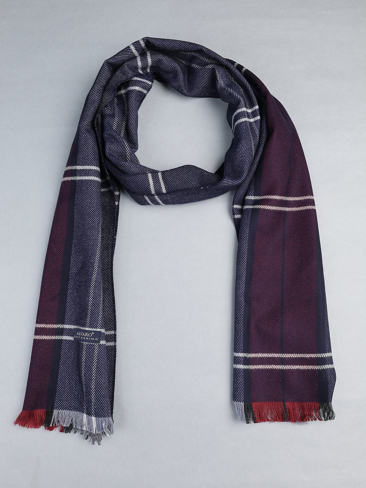 Navy Blue & Burgundy Windowpane Plaid Winter Muffler