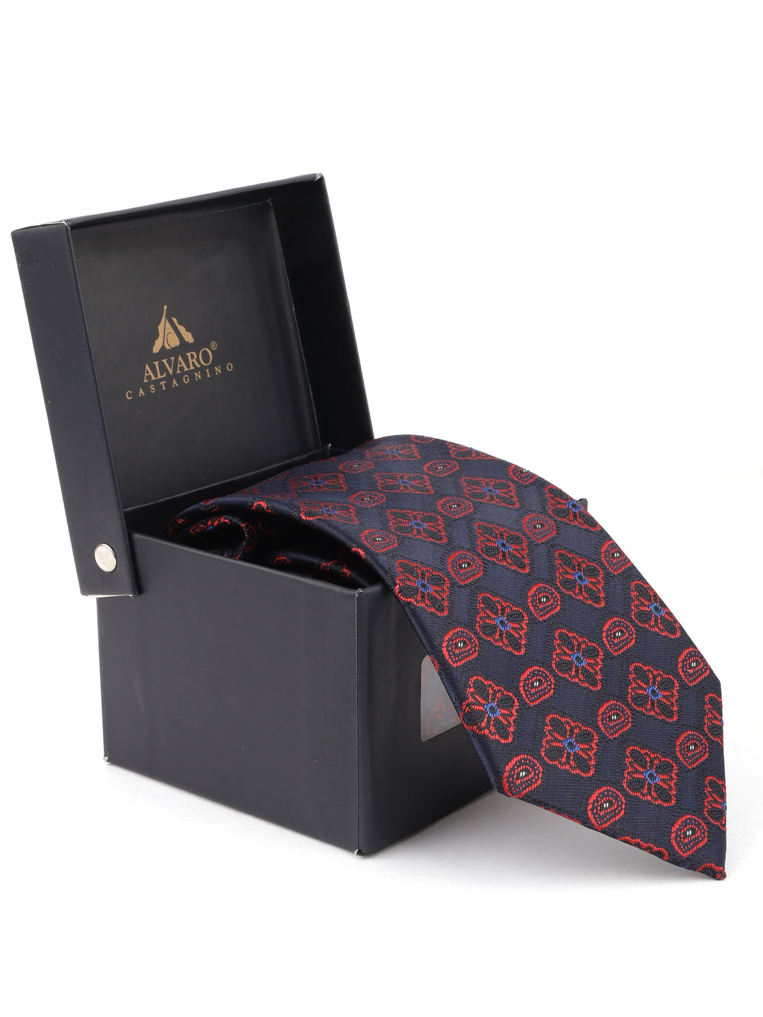 Navy Blue & Maroon Geometric Patterned Necktie