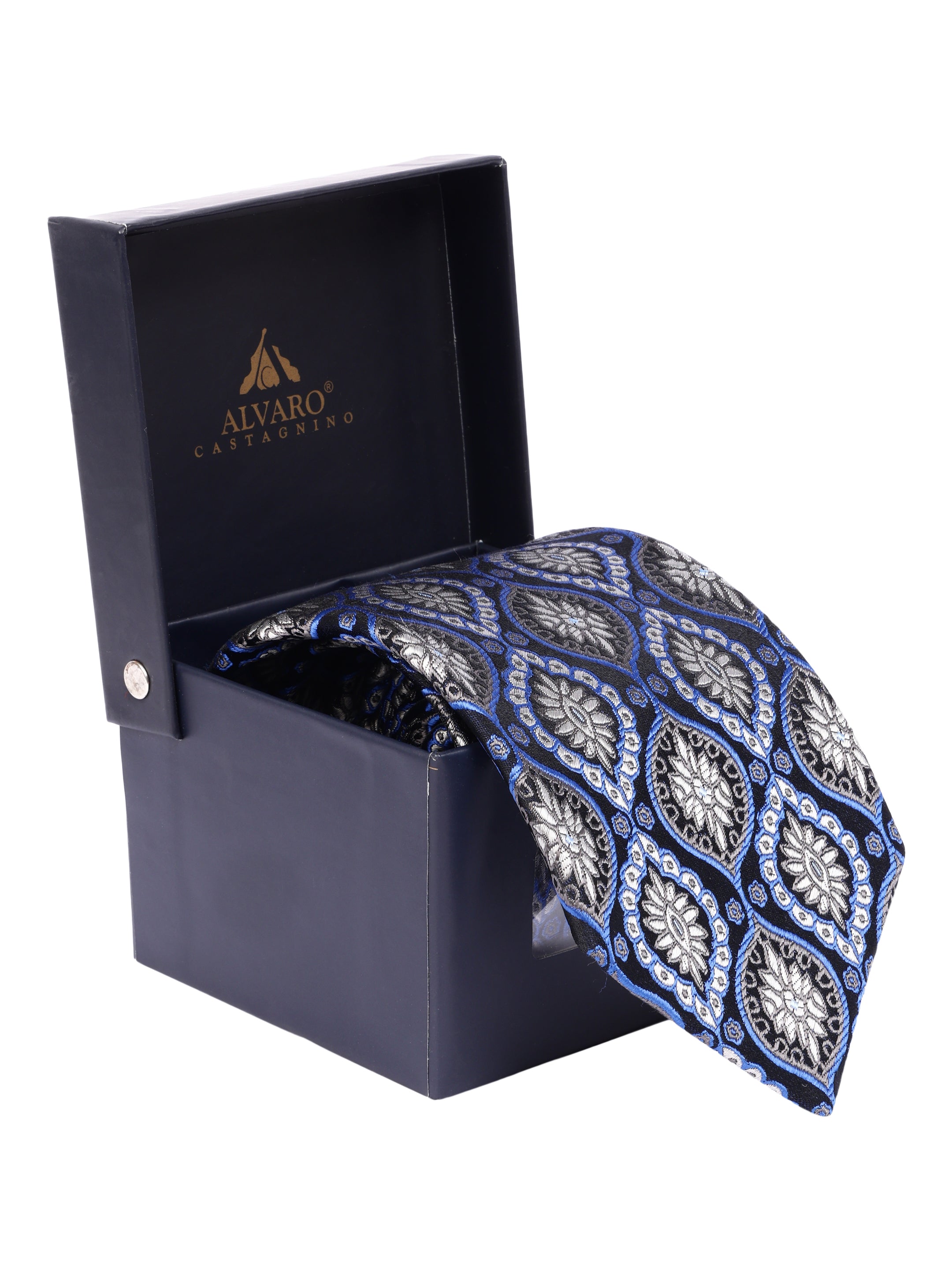 Blue & Silver Geometric Motif Pattern Woven Silk Necktie