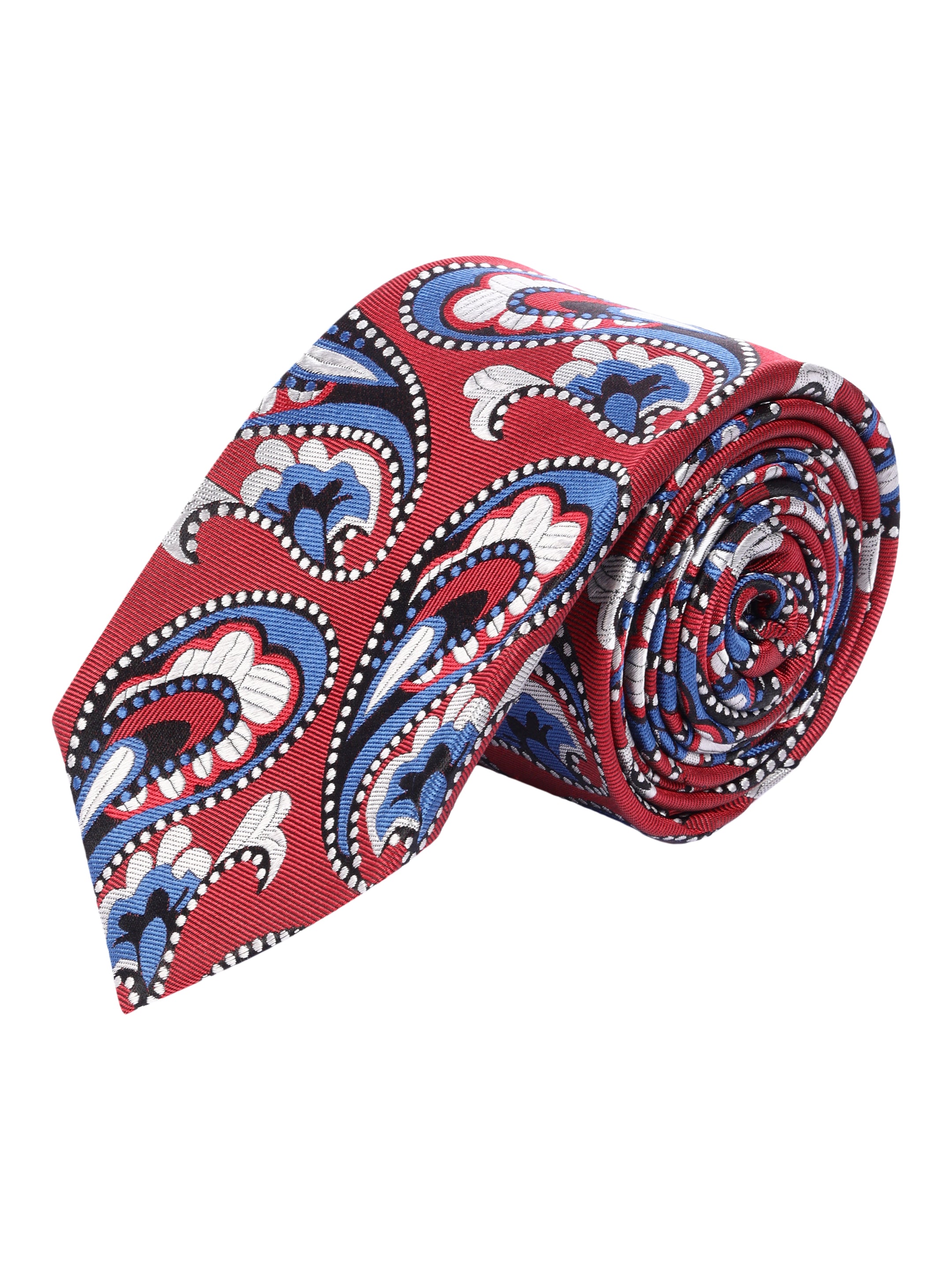 Red, Blue & White Paisley Pattern Woven Silk Necktie
