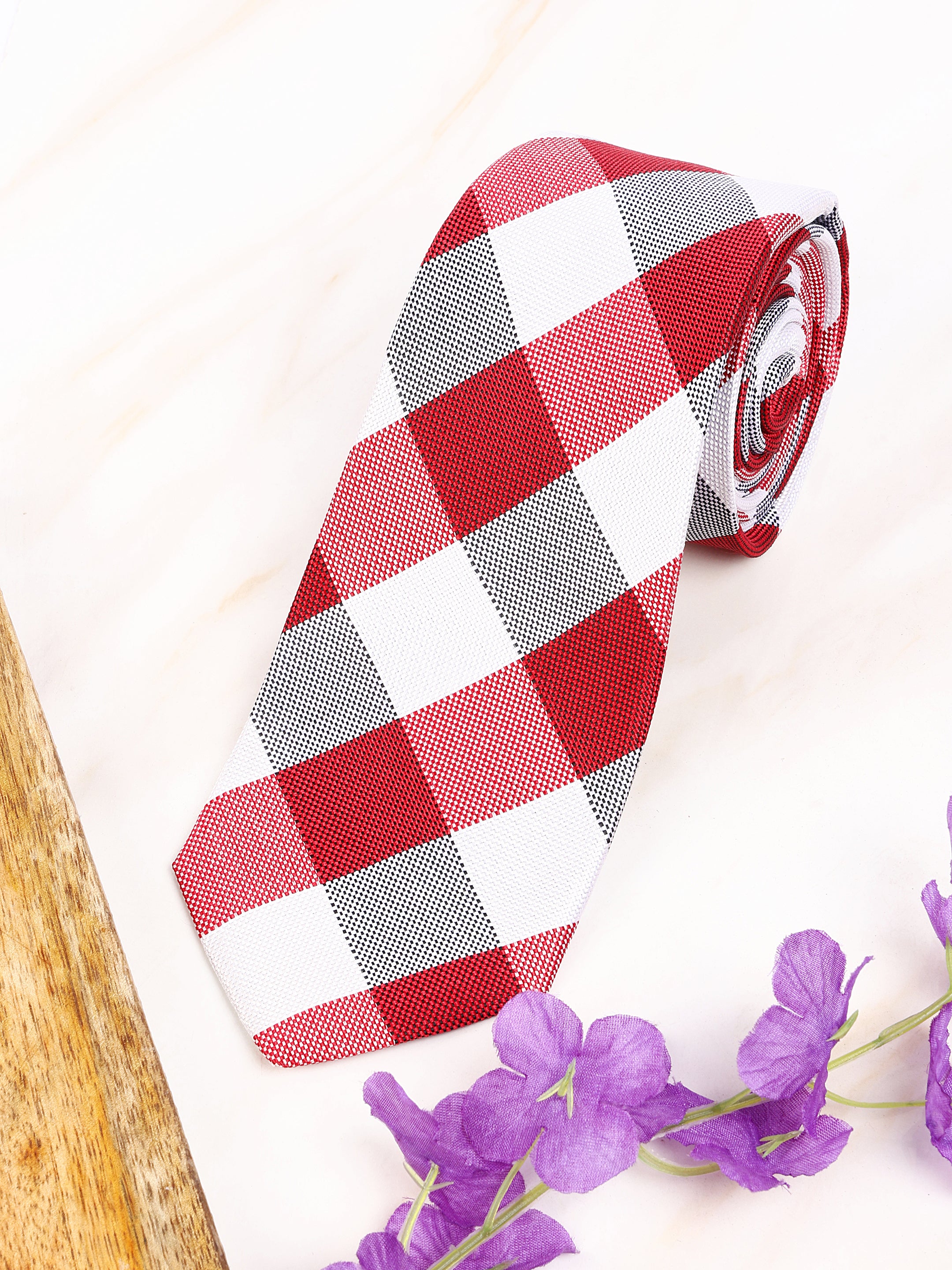 Checked Red & White Silk Necktie