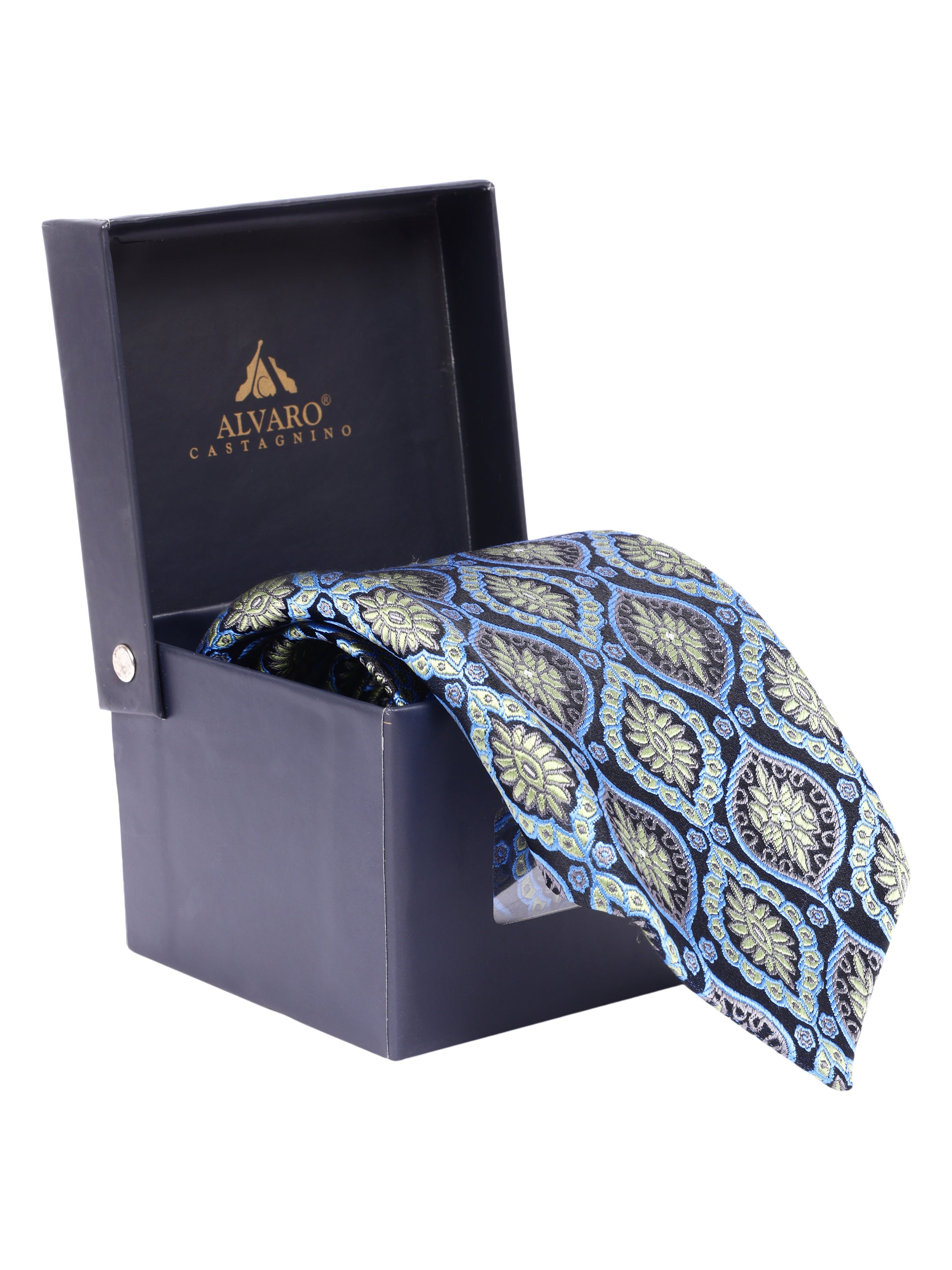 Navy Blue & Olive Paisley Printed Silk Necktie