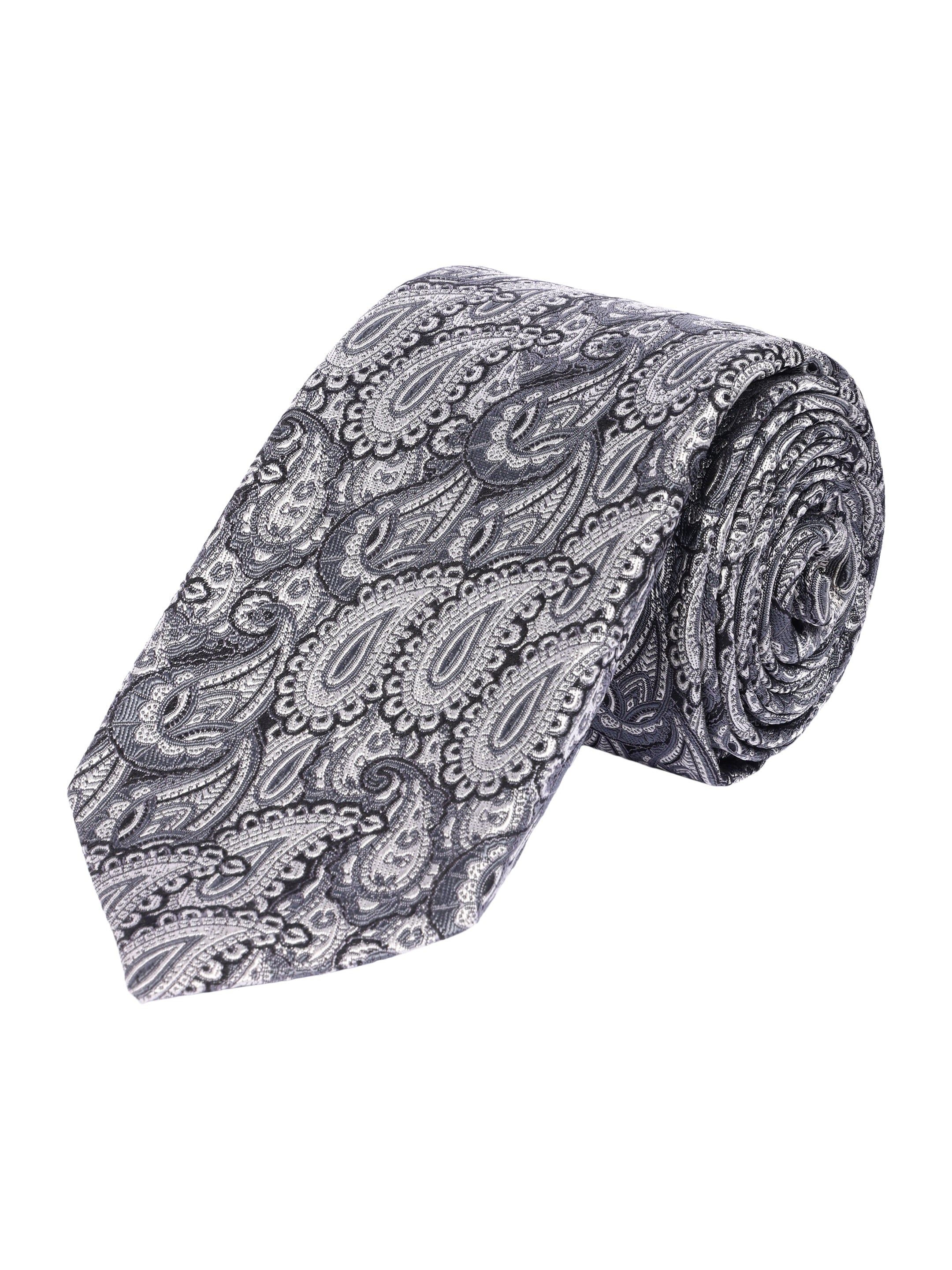 Grey Paisley Printed Silk Necktie
