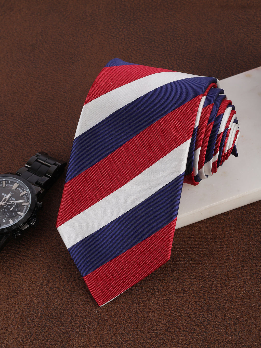 Alvaro Castagnino Men Maroon & Blue Woven Striped Skinny Tie