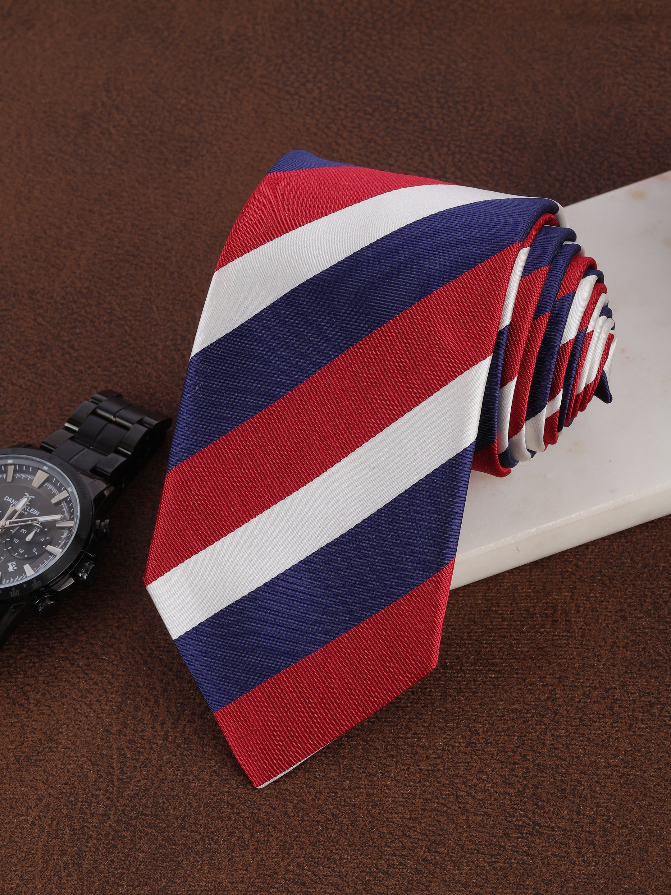 Alvaro Castagnino Men Maroon & Blue Woven Striped Skinny Tie