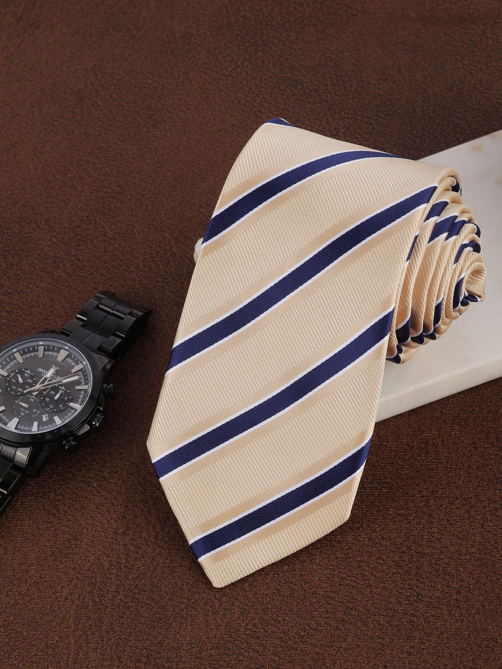 Alvaro Castagnino Men Beige & Blue Woven Striped Skinny Tie