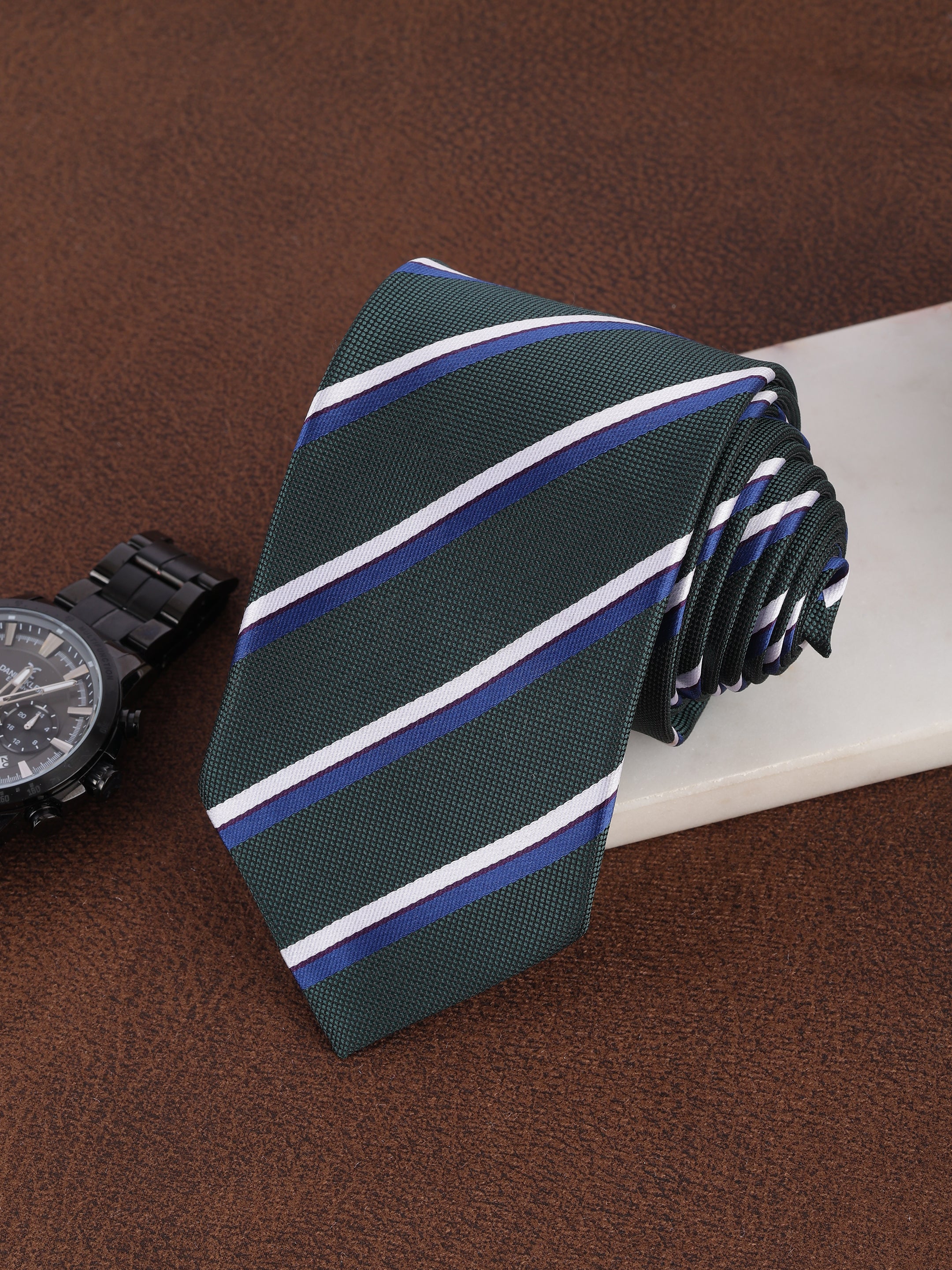 Alvaro Castagnino Men Green & Blue Woven Striped Skinny Tie