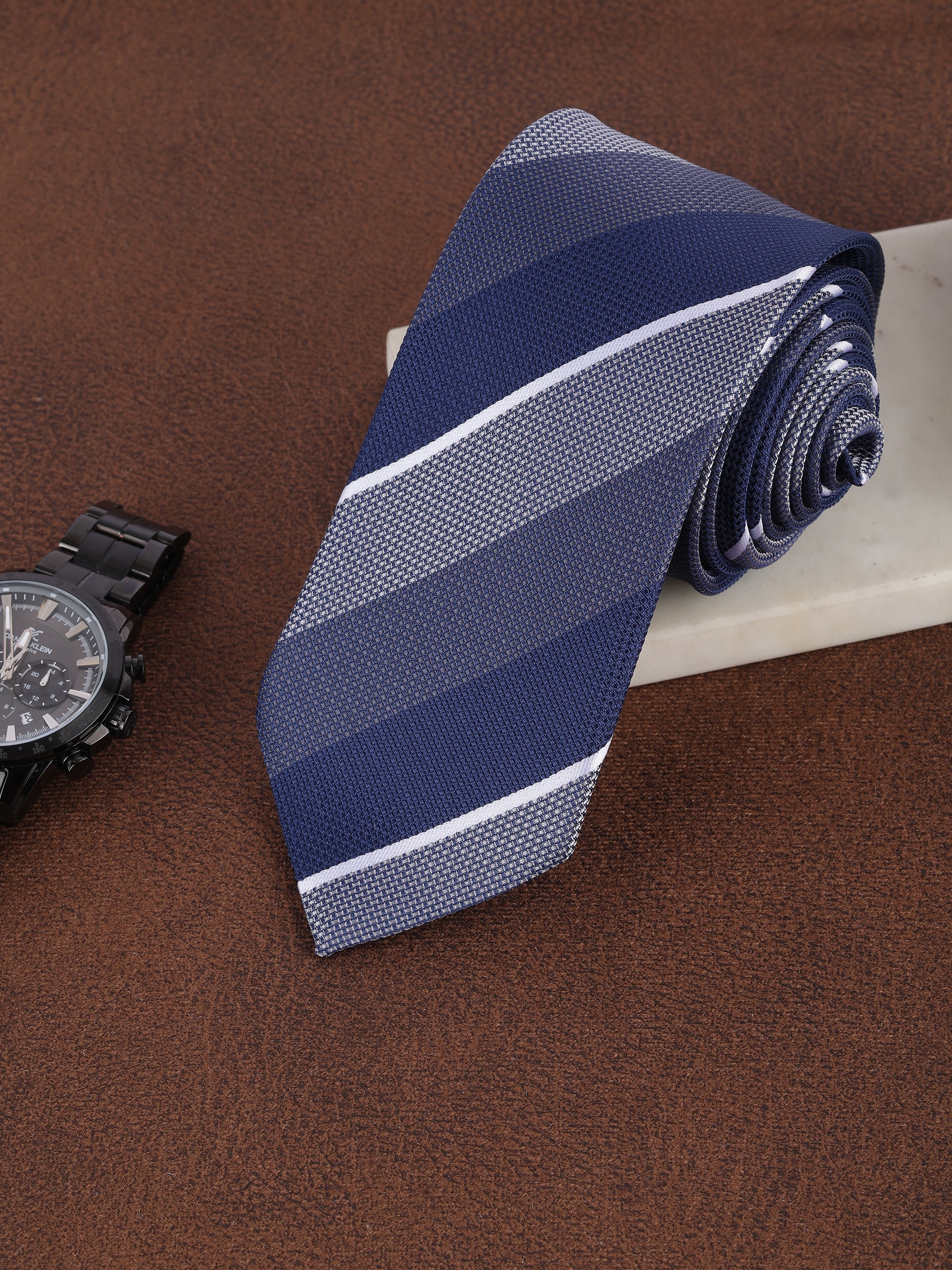 Alvaro Castagnino Men Blue & Grey Woven Striped Skinny Tie