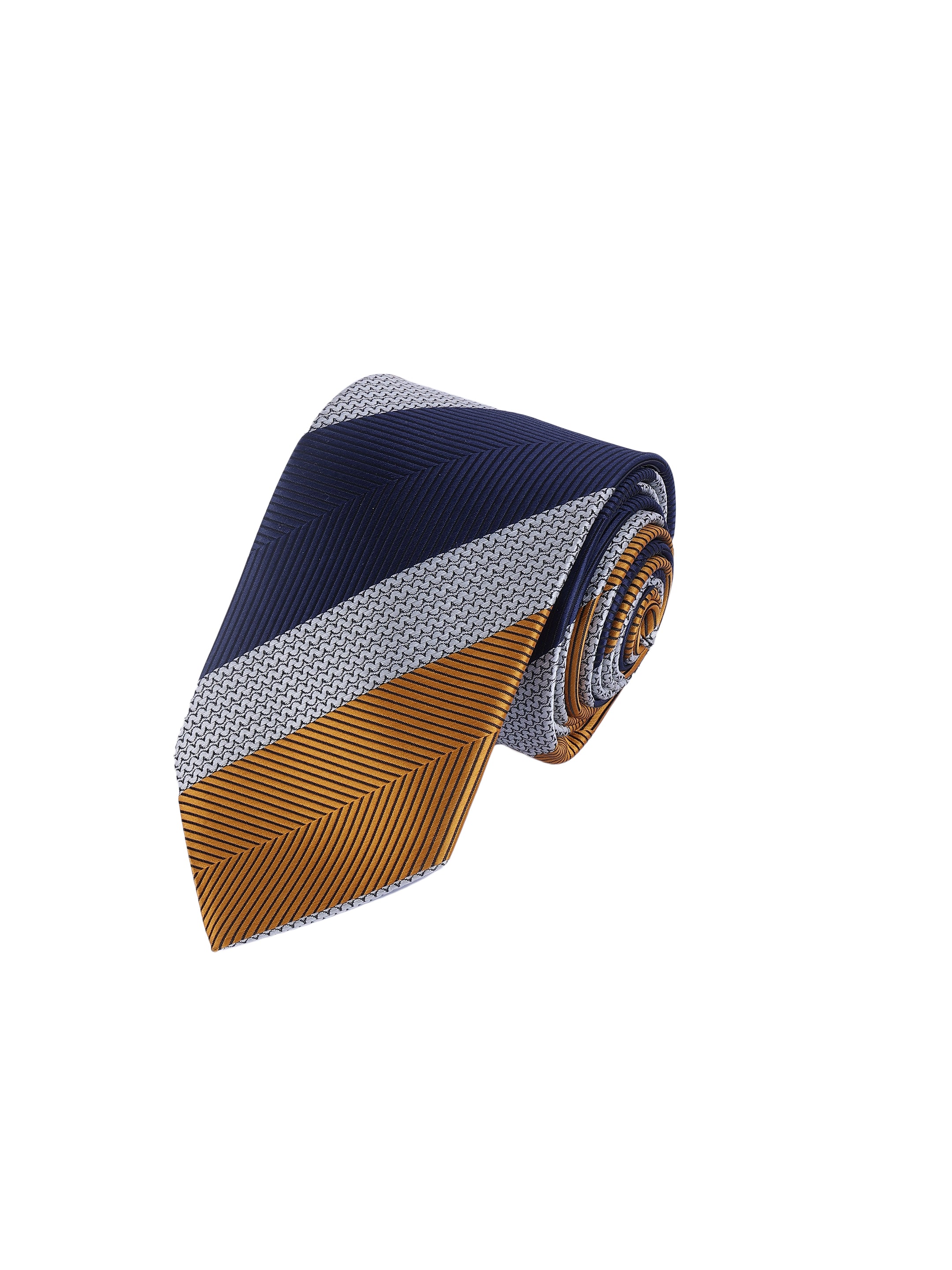 Navy Blue, Mustard Yellow & Grey Striped Necktie