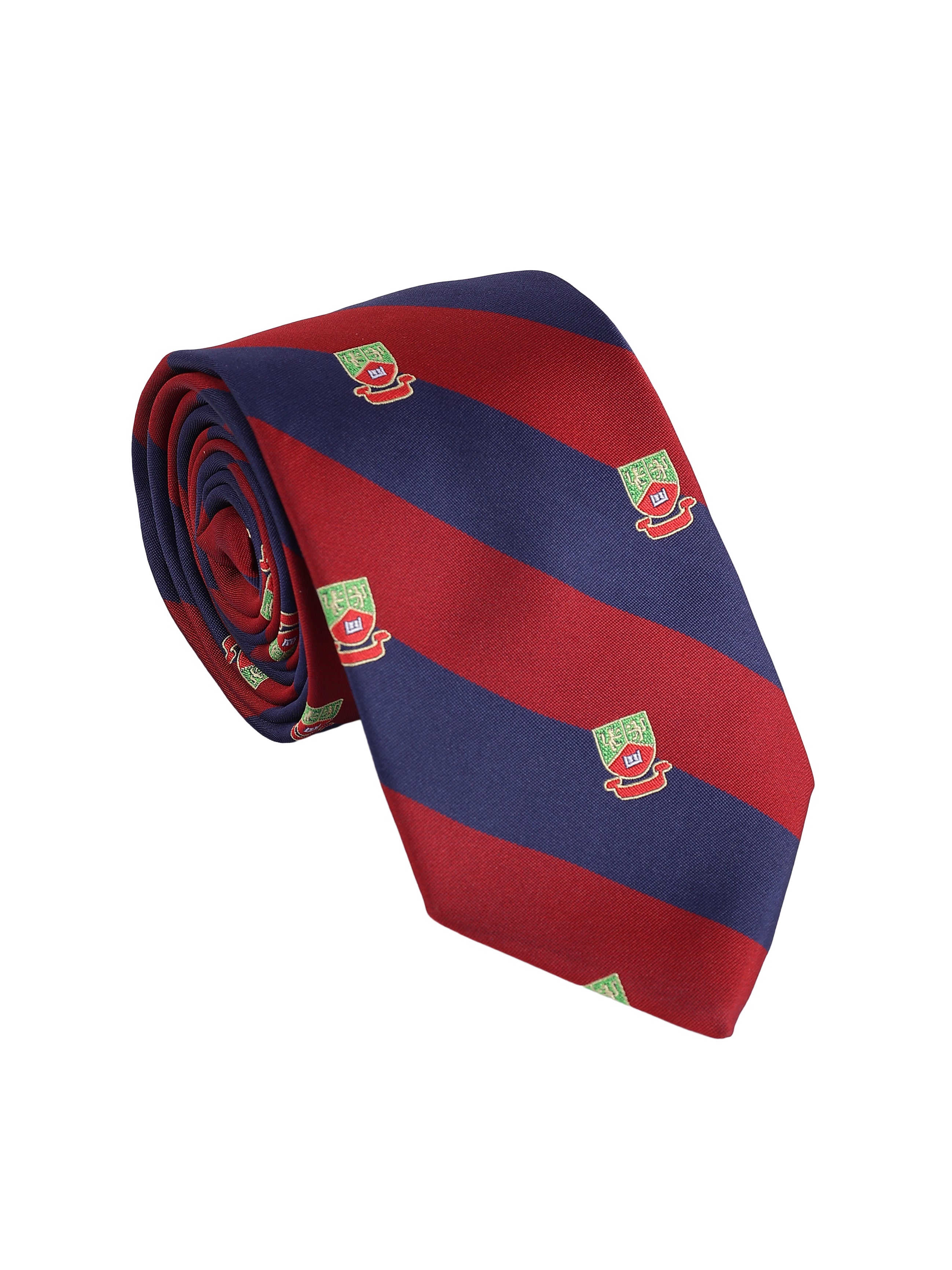 Red and blue striped tie with logos on a white background