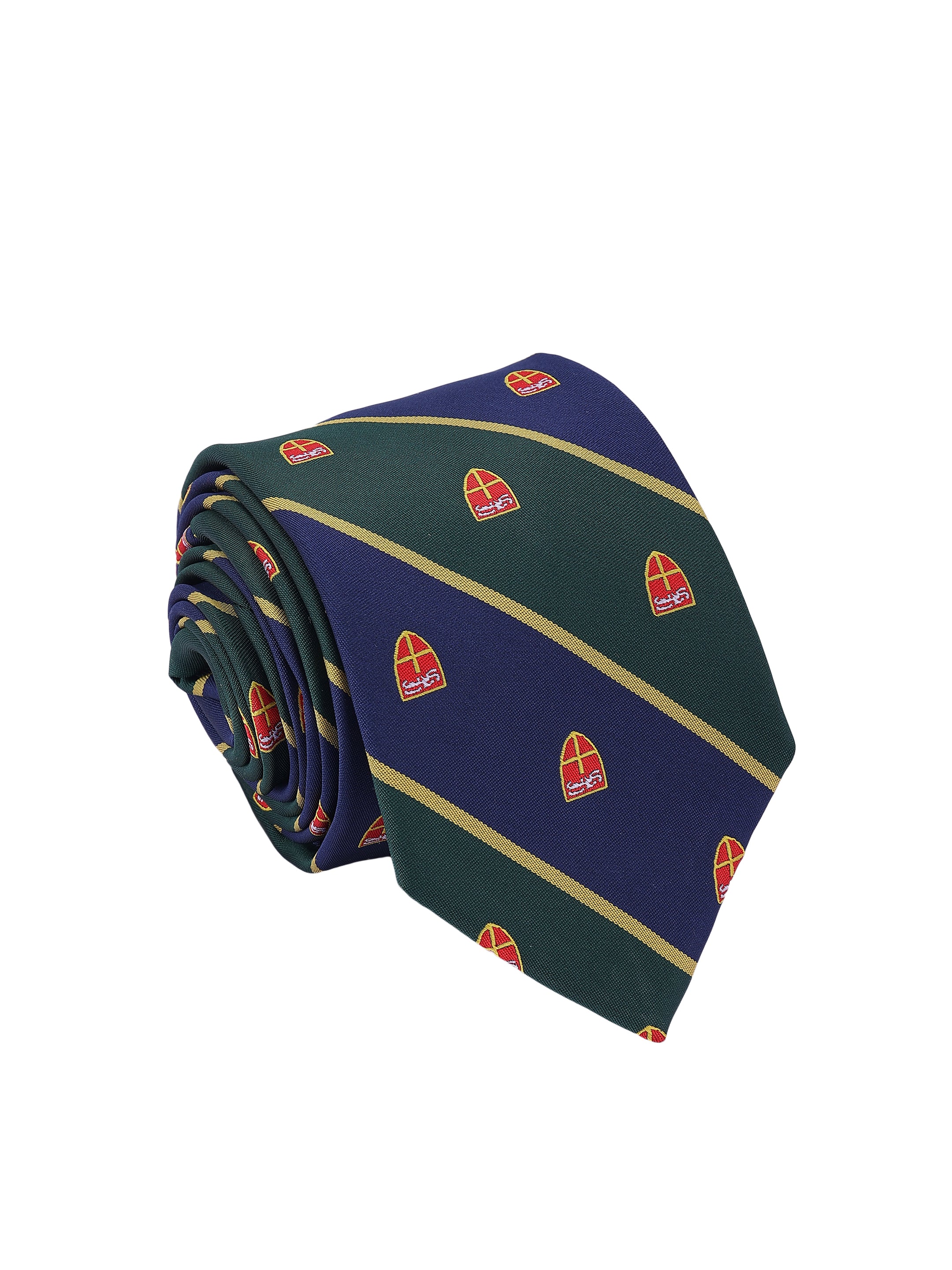Blue & Green Diagonal Striped Crest Motif Premium Formal Tie