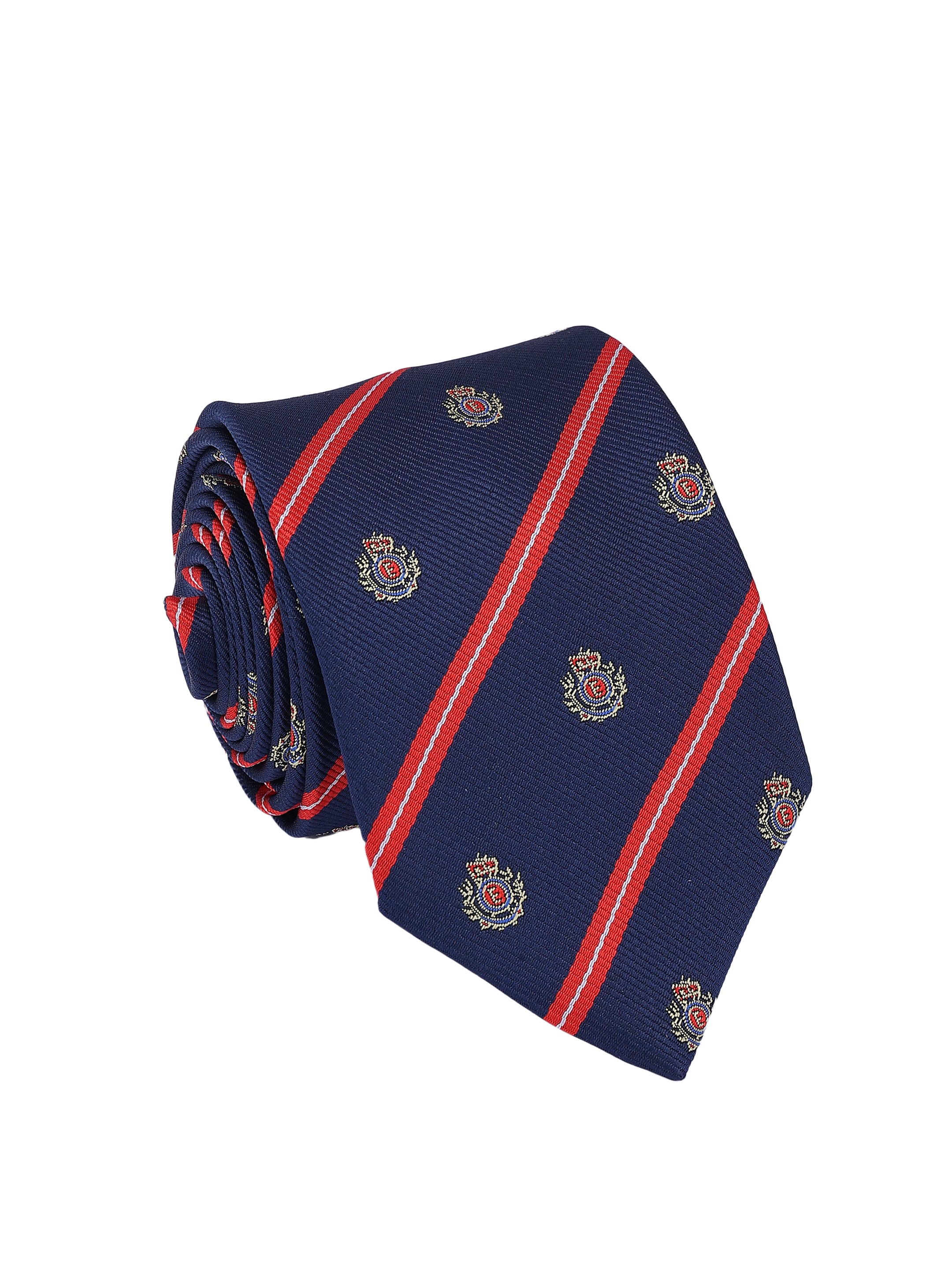 Blue & Red Diagonal Striped Crest Motif Premium Formal Tie