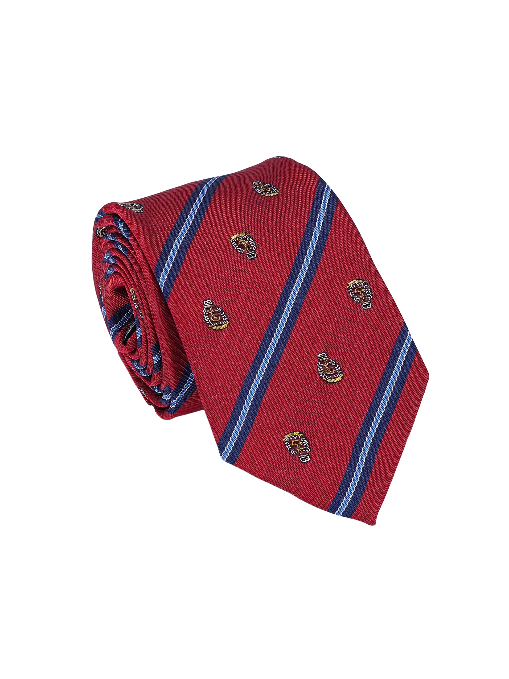 Red tie with blue stripes and small emblems on a white background