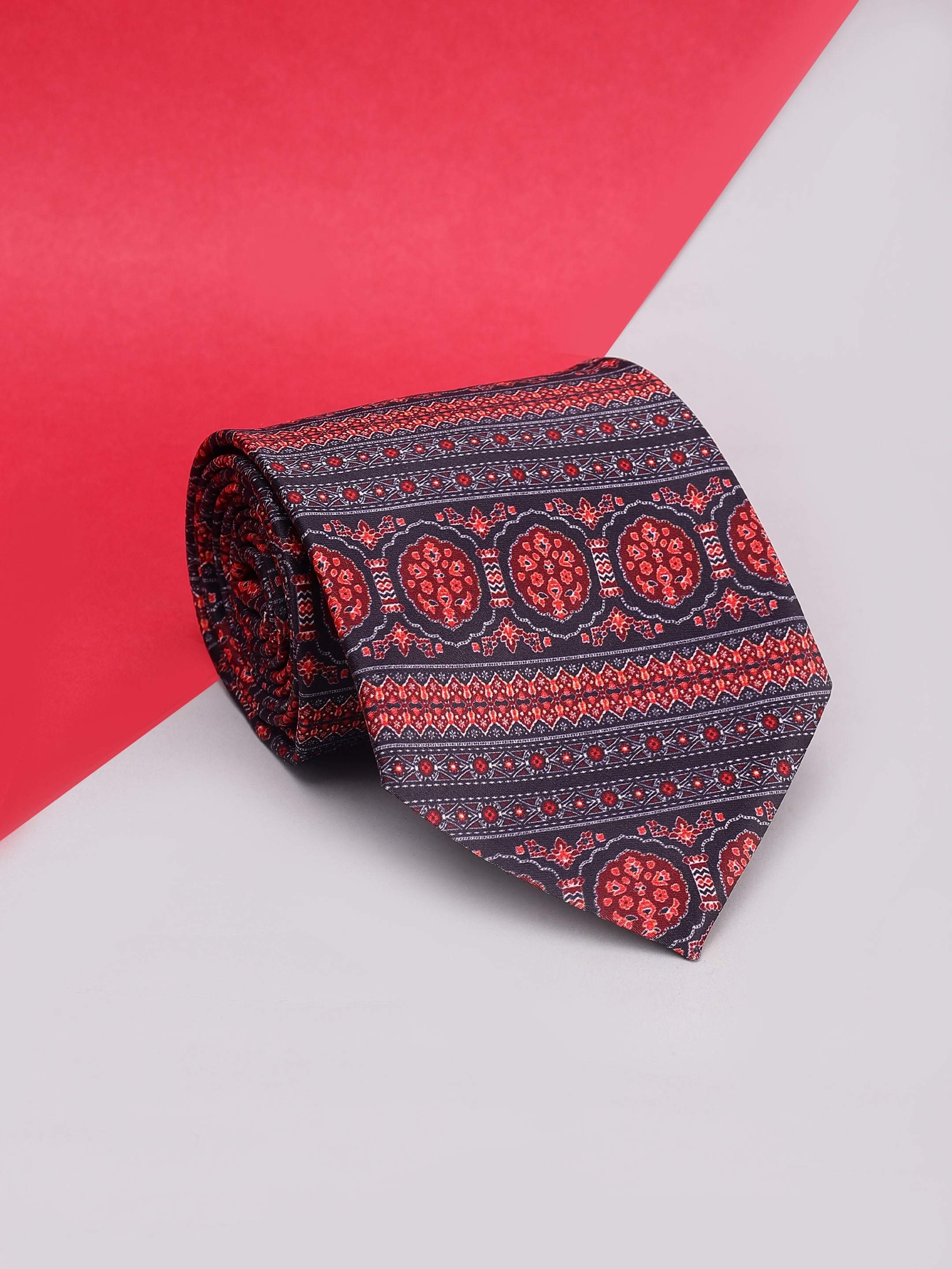 Crimson Medallion & Geometric Stripe Necktie