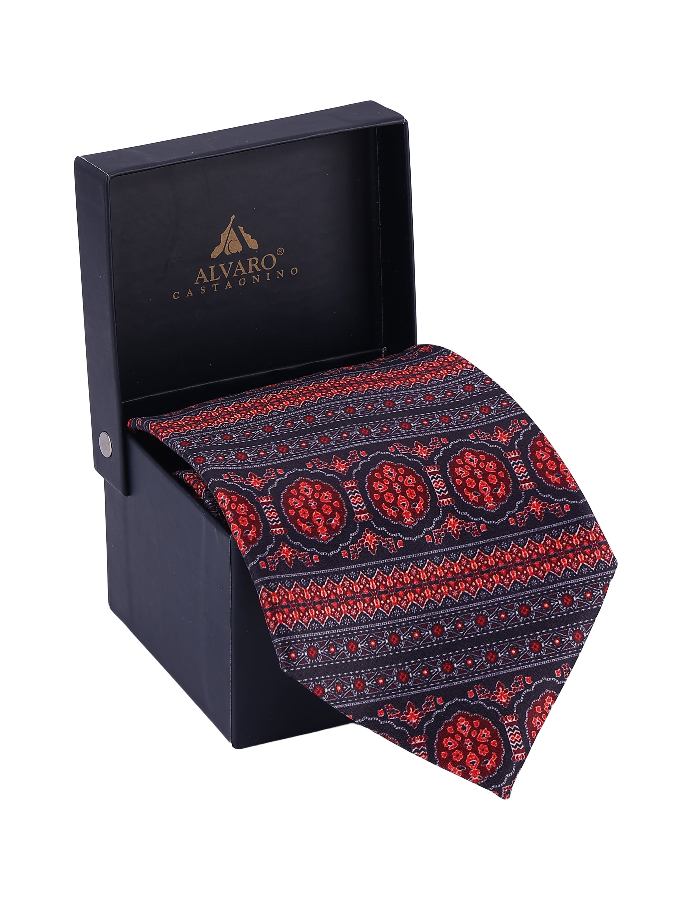 Crimson Medallion & Geometric Stripe Necktie