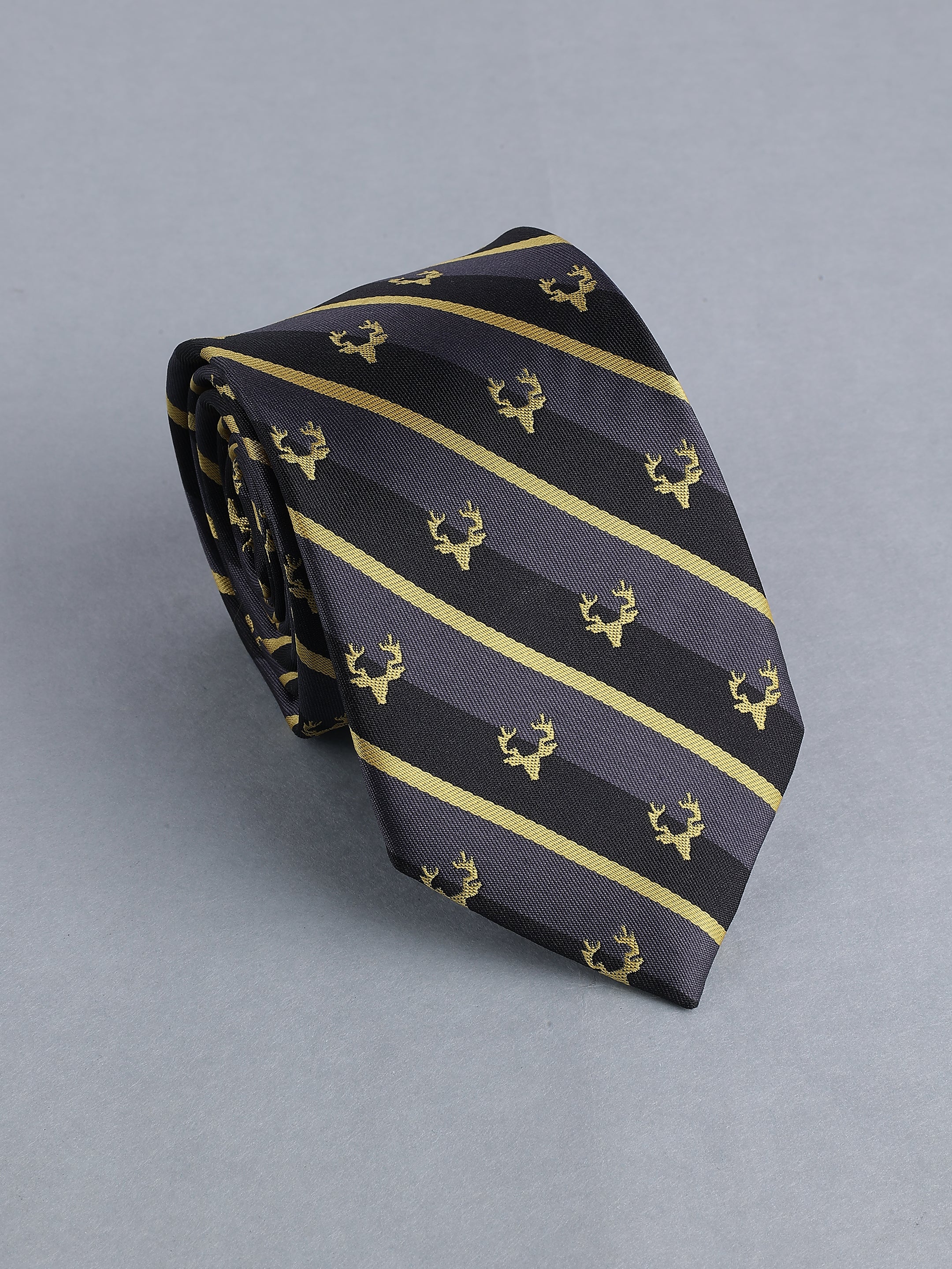 Grey & Black Striped Gold Stag necktie