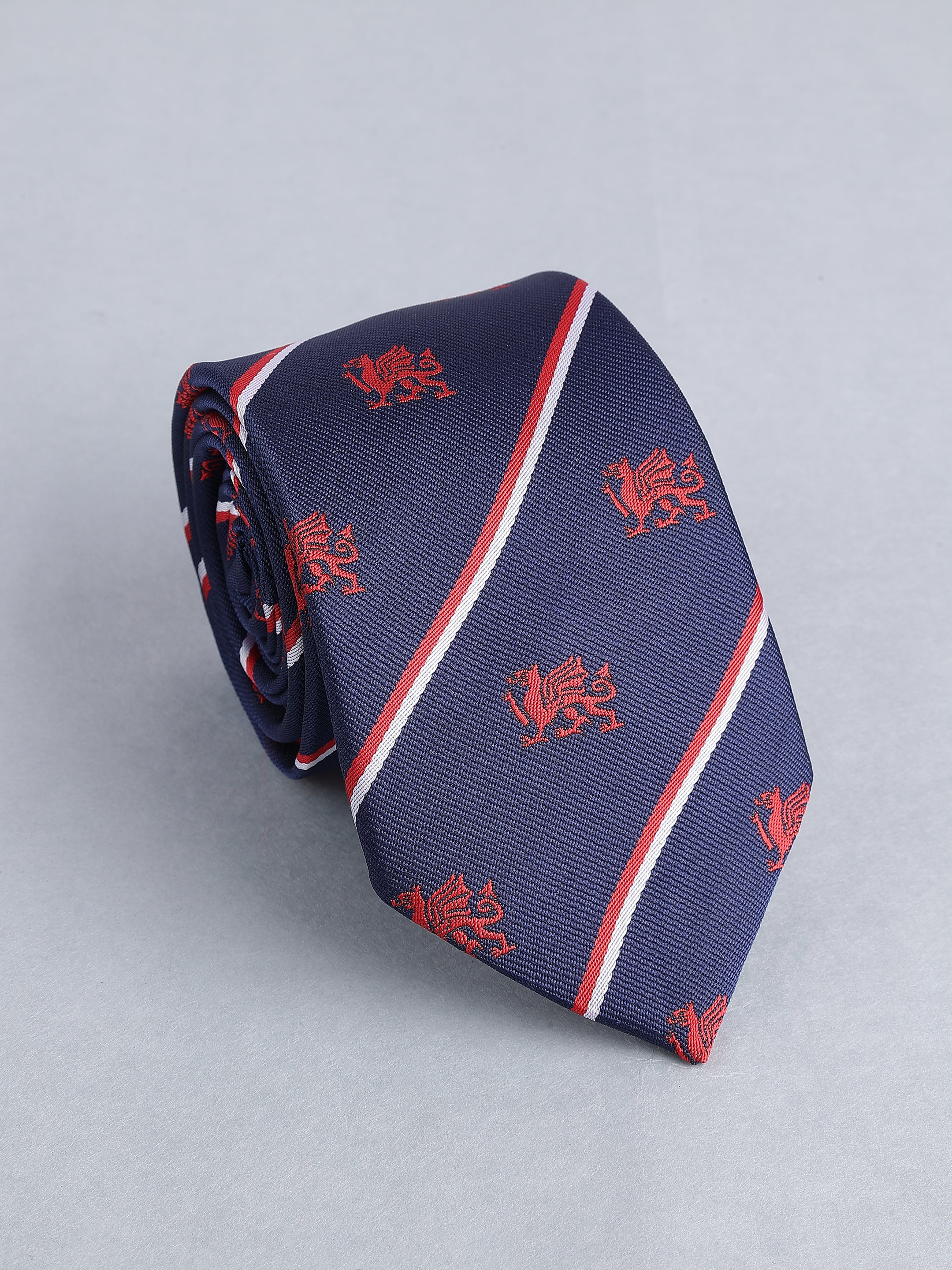 Navy & Red Striped Blend Red Dragon Motif Necktie